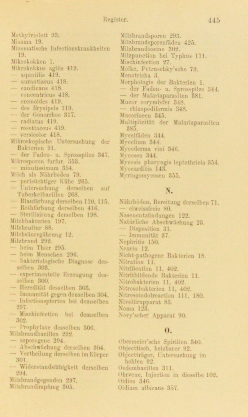 Mothylviolett 93. Miasma 19. Miasmatische Iiifectionskrankheitcn 19. Mikrokrtkken 1. Mikrokokkus agiiis 419. — aquatilis 419. — auranliacus 418. — candicans 418. — concentricus 418. — cremoides 419. — des Erysipels 119. — der (Jonorrhoe 317. — radiatus 419. — rosetUiceu-» 419. — versicolor 418. •Mikroskopische Untersuchung der Bakterien 91. — der Faden- u. 8pros.spiIze 347. Mikrosporon furfur. 353. — minutmimum 354. ■Milch als .Nährboden 79. — perlsücbtiger Kühe *265. — intersuchuiig derselben auf Tuberkelbacillen 2158. — Blaufärbung derselben 110, 115. — Rothfärbung derselbeti 416. — .Sterilisirung derselben 198. Milchbnkterien 197. Milchcultur 88. .Milchsäuregährung 12. Milzbrand 292. — beim Thier 295. — beim Menschen 296. — bakteriologische Diagnose des- selben 303. — eipcrimentelle Erzeugung des- selben 300. — Heredität desselben 303. — Immunitrit gegen denselben 304. — Infectioiispforten bei demselben 297. — Mischinfection bei demselben :U)2. — Prophylaxe desselben 306. Mitzbrandbacilleri 292. — asporogene 294. — Ab>chwächung derselben 304. — Vertheilung derselben im Körper ;K)1. — Widerstandsfähigkeit derselben 294. Milzbrandgegendeu 297. .Milzbrandimpfling 305. ■Milzbraudsporen 293. Milzbrandsporenfäden 425. Milzbrandtoxine 302. -Milzpunction bei Typhus 171. Mischinfection 27. Molke, Petru.‘'Chky‘sche 79. Monotricha 51. Morphologie der Bakterien 1. — der Faden- u. Fprosspilze 344. — der .Malariaparasiten 381. Mucor corA mbifer 34S. — rhizopodiformis 348. .Mucorineen 345. Multipiicität der Malariaparasitcn 385. Mycelfiden .344. Mycelium 844. .Mycöderma vini 34f>. Mycosen 344. Mycosis pharj ngis leptothricia 3.54. Myocarditis 143. .Myringomycosen 355. N. -Nährböden, Bereitung derselben 71. — eiweissfreie SO. Xosenentzündungen 122. Katürliche Abschwäohung 23. — Di.sposition 31. — Immunität 37. Xephritis 150. .Neurin 12. Nicht-pathogene Bakterien 18. Nitration II. .Nitrificatiou 11, 4o2. Nitritbildcnde Bakterien 11. -Nitrobakterien 11, 402. Nitrosobakterien 11, 402. Xitrosoindolreaction 111, 180. Nirellirapparat 83. Noma 123. Novy’.scbfT .Apparat 90. o. oliermeicr'sche Spirillen 340. objeettiseb, heizbarer 92. Objectträger, Untersuchung im hohlen 92. • »edembacillcn 311. i*hrvene, Injection in dieselbe 102. Oidien 34f>. Oidium albicans 357.