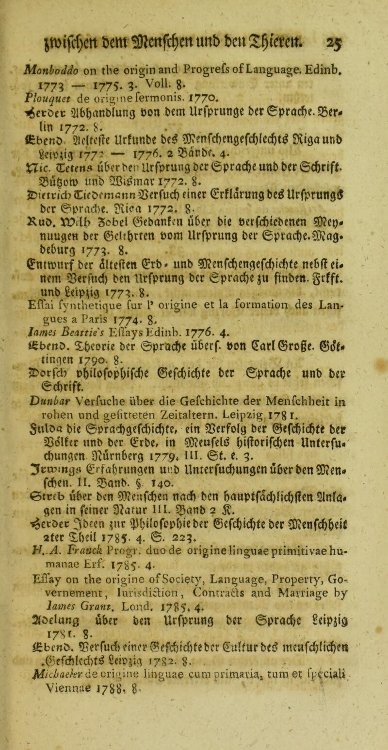 Monboddo on tbe origin and Progrefs of Language. Edinb, 1773 — 1775. 3. Voll. g. Plouquet de origmefermonis. 1770» ^ev^ct »ilbbanblung bon bcm Urfprunge bfr (Sprache. 95er- Un 1772. s. iEbenö. 2iclfcf?e Urfunbe bc^ ?S|?enfcf)en9cfch(echt^ Üvigaunb 177? — 1776. 2 SBdinbe. 4. XUc. o:ctm5 ü&frbepllrrprun9ber6pracheunbber©chrift 95u$otb unb 9Bii?mar 1772.8. JDtf irid? lif bcmcnn SSerfuch einer €rfldrung beö UrfprutigiJ ber 0prad)e. ?iica 1772. 8- Kuö. !0?ilb Scbcl ©ebanfeit über bic ber(H)icbenen COJep- nuugeu ber ©eUheren üom Urfprung ber 6prac!)e.^a9. beburg 1773. 8. ^mtpurf ber üUefien €rb# unb SJJenfchengefchichfe ne6(! ei- nem 25erfuci) ben Urfprung ber Spraci)e ju ftnben. grfff. unb Seip^ig 177:?. 8. ElTal fymhetique für l’ origine et la formation des Lan- gues a Paris 1774. 8* James Beatties EfTaysEdinb. 1776. 4. tfibmö. Xbcorie ber 0proche überf. Pon (JarI©ro§e. tingen 1790. g. }Dorfd7 philoropb(f<i)e @efchi(^fc ber 0pro<^)e unb ber Schrift. Dunbar V^erfuche über die Gefchichte der Meiifchbeit in rohen und gehtceten Zeitaltern. Leipzig, I7g r. Suloa bie ©prad)gefd)lchtc, ein 95erfo(g ber ©ef^ichte ber Sßo'lfer unb ber (^rbe, in ?0?eurclö bijlorifdben Unferfu- (hungen 3rürnberg 1779* m. (St. e. 9. ^ccDings (^riabningen upb Unterfuchungen über ben 50?en- fchen. II. 95onb. § 140. Gttfb über ben ?Oienfd)en natf) ben bauptfad)Hd)|lcn 2lnfö- gen in feiner D^arur HI. 95anb 2 '^ecöcc 3bcen üur 5Jb*JoO?Pb(eber ®ef(hichte ber COienfchbeK ater ^beil 1785. 4. ©. 223. Jri.-A. Brauch Progr, duo de origine linguaeprimitivaehu- manae Erf. 1785. 4. Effay on the originc of Society, Language, Property, Go- vernement, lurisdicUon, Contracis and Marriage by James Grant, Lond. 1785,4. Stödung über ben Urfprung ber ©prachc Seipjig i7St. 8- ilebenö. ^^erfurf) einer ©efd)id)fe ber Kultur beö mcufdilichen ,©efif;lcd)t^ Seiojig 1782.8. . . Micbaekrdeov'u.^'u\a Imguae cumprimavia» turnet fpcciali Viennae 178g, g.