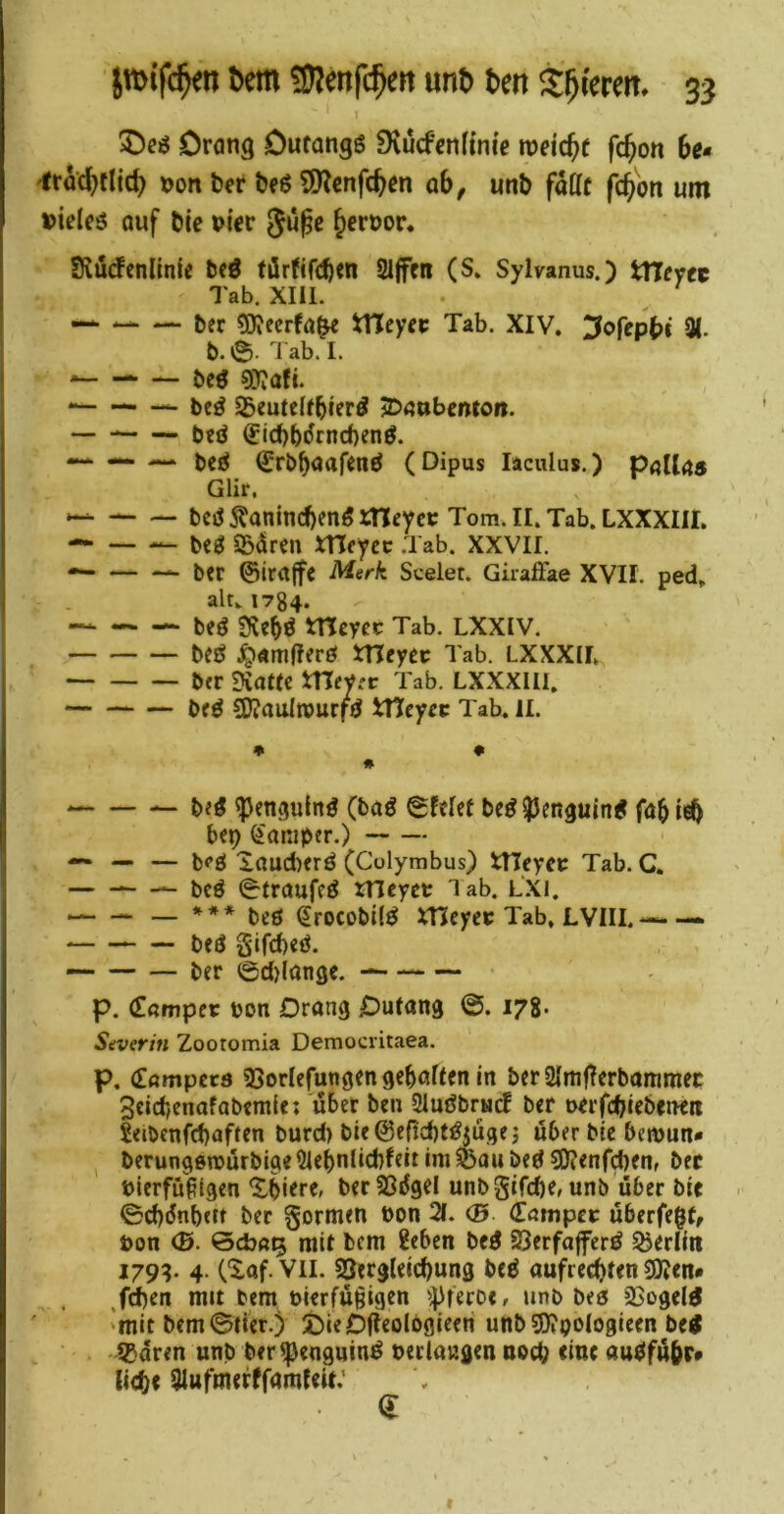 Drang Dufangß DvücfcnHm'e rveid)t fc^on 6«- 'frac^tlid) »on ber Jje$ ^Kcnfc^en ah, unö faüt fc^bn um »ieleö auf öic Pier Jernor« SKücfcnlinic 6cö förfcft^cn SUjfen (S. Sylvanus.) XTtevn Tab, Xlil. — ber 5D?ecrfö^ Vdtyit Tab. XIV. 3ofep{)t Q(. b. e. '^1 ab. I. beö 0}?afi. *■ be^ SBeutefJ^iierel ^anbenton. — öcö (Jicf)bbrneben — bej^ ^rbbaafenö (Dipus laculus.) Valins Glir. bcö .^anineben^ tncycc Tom. II. Tab. LXXXIII. — — — beö SBdren mcycc .Tab. XXVII. — ber ©irnjfe Merk Scelet. Girafiae XVII. ped^ altv 1784. beö Svebö mcyec Tab. LXXIV. m ^«mflerö tneytt Tab. LXXXII. bfr Diottc mey.'C Tab. LXXXIII. be^ SJJauIrourfd iTTcyct: Tab. II. * • * ^engufn^ (baö 0felef beö?Jenguin^ fab leb bep (äaniper.) — — — b<’ö iOud)erö (Culymbus) ttTeyei: Tab. C. ■—- bcö 0traufeö tneyet lab. LXi. — *** beß ^rocobUß xncyec Tab, LVIII.— . beß gifebeß. — ber ©d)(ange. -— p. (Zampet von Drang Dufang ©. 178» Severin Zootomia Democritaea. p. (üömpcrö 95orIcfungengebaftcn in ber2(rtifTcrbarnmec Seicbenafabmic: übet ben Slußbruc! ber verfebtebenen Seibenfcbaften burd) bie@eficbtßjügej über bte betvun* I bcrungöTOÜrbige^iebnlicbfeit im ^au beß 0)?enfcbenf bec vlerfü^igen Xbiere, berSSdgel unbgifdie, unb über bic ©d)(5nb<tt ber gormen von 21. ® (Zampet überfe^t, Von <B. öebß^ mit bem 8ebcn beß 23erfa|fcrß Berlin 179?. 4- C'^of. VII. SSergleicbung beß aufrechten 9)?cn* ,f(^en mit bem vierfü§igen 'Ererbe, unb beß Sßogelß 'mit bem©tier.) DieDfteolbgieen uttbSD^pologleen beß 4ßdren unb ber ^enguinß vedaugen DOd; eine außfübr» lieb« ^lufmerffamfeit,’ r