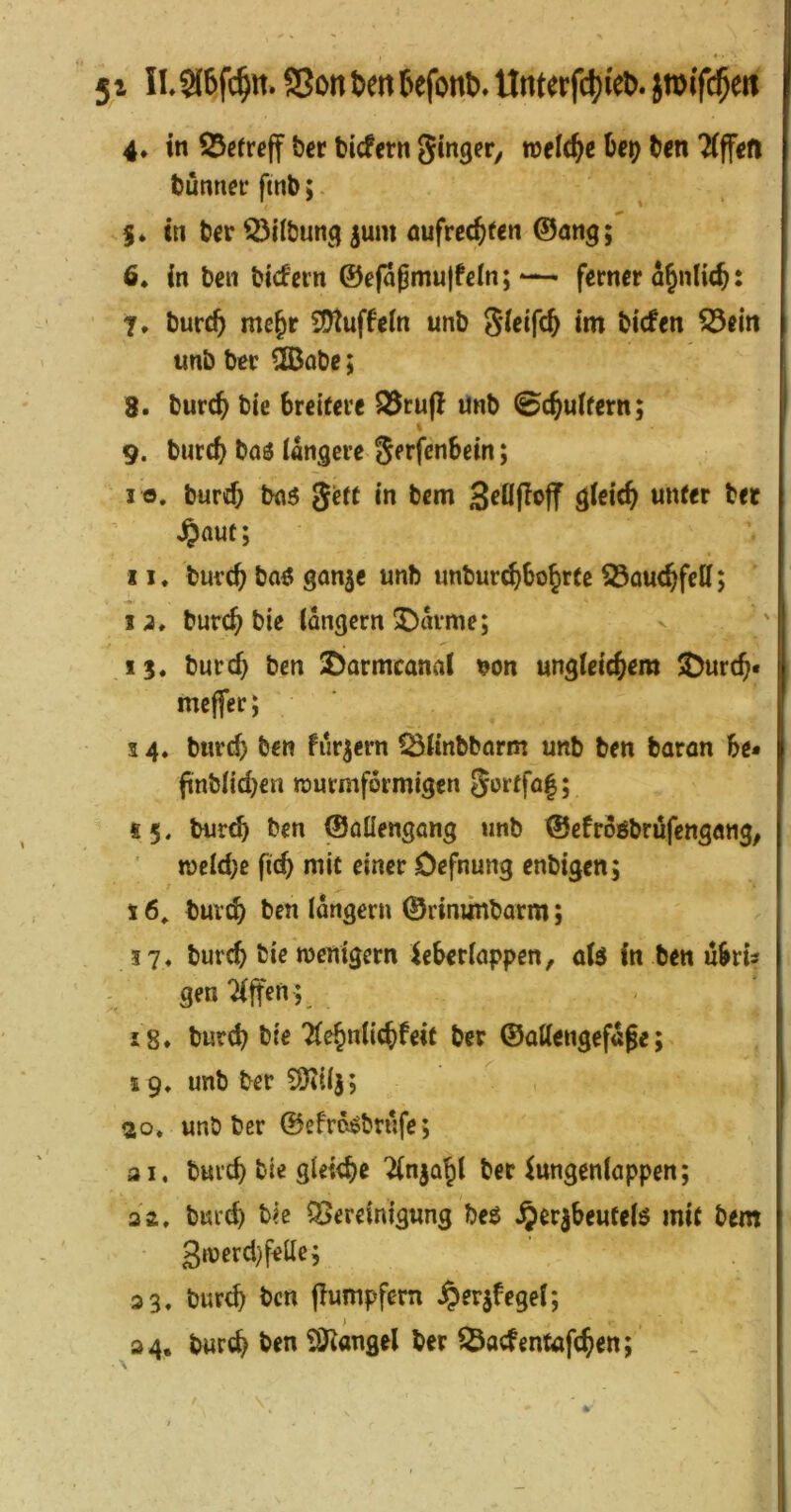 4. in fficfreff feer btcfern Singer, reeiebe bep ben TIffen türniet finb; $« tn b^r Q3i(bun^q 5um aufrechten 0ang; 6. in bell biefeen ©e(agmu)feln; -— ferner ähnlich: 7. burch mehr iütuffein unb S^cifch tm biefen 55eirt unb ber 2Babe; 8. burch bie breitere Q3rufl unb 0chu(tern; I 9. burch bos iangere ^ 5 I O. burd; bci5 gett in bem wnfer bet Jpaut; II. burch baö gan5e unb unbur^bohrte SSauchfett; li. burch bie iüngern ^arme; 15. burch ben S>armcanal ^on ungleichem ^urch* meffer; 5 4. burd) ben fiir|em töiinbbarm unb ben baran be* fiinbiidjen rourmformtgen Sortfaf; s 5. bur^ ben ©oliengang unb ©efroßbröfengang^ tt)eid)c fi^ mit einer Defnung enbtgen; 16, burch ben iangern ©riminbarm; 37. burch bie wemgern ieberiappen, dß in ben übris gen 1 8» burch bie Tlchniichfeit ber ©attengef«Je; 19. unb ber 20. unb ber ©efroßbrufe; ai. burch bie gleicht ^njaht bet ^ungenlappen; 2 2. burch bie Bereinigung beß .^erjheufeiö mit bem giuerd) feile; 2 3. bur^ ben jlumpfem ^erjfegef; 24. burch ben SÖ^angel ber ^acfentafchcn;