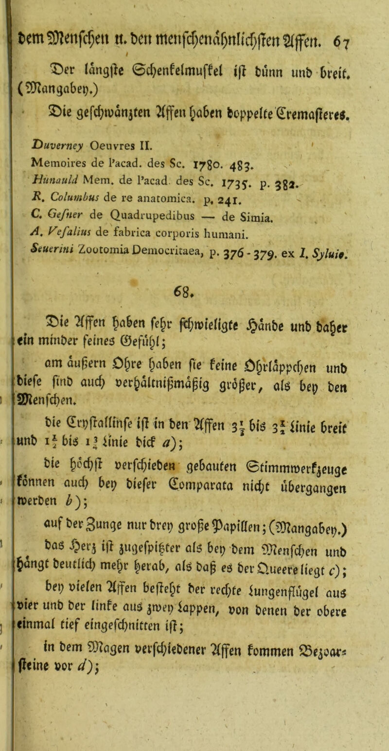 t Der langj^c Bc^enfclmuffel ifl bünn unb-6'mf, (SO^Jangabe^.) ‘ Die 9cfd;tudnjfen 3(jTcu f;abcn fcoppeire ^remafler«, Duverney Oeuvres II. ' Memoires de l’acad. des Sc. I780. 485. Hunauld Mein, de l’acad. des Sc, 1735. P- JR. Columbus de re anatomica. p, 241. C. Gefner de Quadrupedibus — de Simia. A. Vefalius de fabrica corporis humani. Siuerini Zootomia Democritaea, p. 376-379. ex 2. Sjluhl 68. Die 2(ften ^aben fe§r ^;ro(en3(c Jpdnbe unb bö§et tin mmber feinet ©efii^I; om äußern C^re &aben fte feine ö§viappcf;en unb tiefe finb auc^ uer^dltnifwapi^ gvöger, o(ö bep ben SKenfcben. bie drpjlaninfe ijHn ben'Tfffen 3* biö 3* finie breit unb if bis5 15 iinie tief a); bie ^dcbtl uerfc^ieben ■ ^qeboufen Slimmmerf^euqe fönnen auch bep biefer ©omparata niä)( ubetgangm »erben 2»); öuf berSunqe nurbrep grü^eg)rtpiaen;(?mangabep») boö j>erj i|l arnjefpifCer aiö bep bem i)}ienfcf)en unb ^nqt beutlid) me§r |erab, niö bü^ eö ber O.ueerclieqt c); bep uieien :M)fen bc|lef;t ber redete iungenffuqei öu3 vier unb ber iinfe auö jmep iappen, »on benen ber obere einmal tief einqefd^nitrcn iff; in bem ?ü}?aqen uevfd)iebener Tfffen fommen SSe^oors (feine bor ^