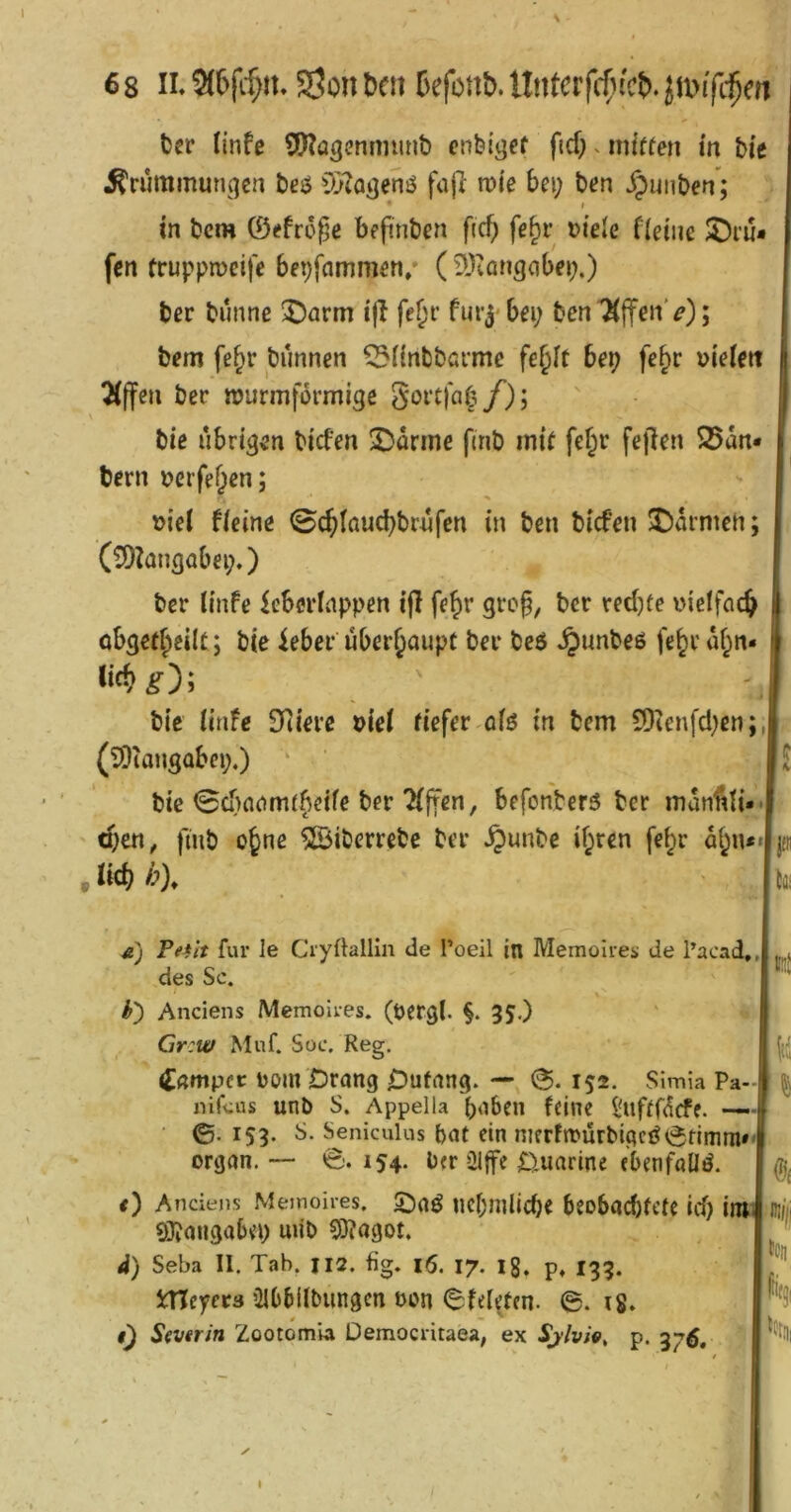 t)cr (infe 3D?ögemmmt) cnbi^ef fid;. mitten in bie ^rummutiqea 'i)}Zaqenö faj} wie bei) ben ^unben; m bcm 0<ffrc^e befinben fic^ fe^v viele fleinc 2)i’u* fcn fruppmcifc Bepfamnwn/ ( 9Jconq(ibep.) bcr bunne ^arm ijl fe^t* furj- bei; bcn 'ÄjfeiiV); bem fe^r bunnen ^finbböi’me fe^It bep fc^r Di'eleit 2(|fca bec lüurmformiqe /) j bie übrigen bicfen Spanne finb mit fc§r fefien 25an* bern i?crfef;en; »iei Heine 0c^Iaud;br4jfcn in ben bicfen J)armeh; (5D?angabei;.) bcr ünfe iebertnppen ijl fe^r groß, bcr red)üe vMelfcic& obgee^eilf; bie ieber überhaupt bei* be5 ^unbeö fe^r af;n bie ünfe 9]ieve viel tiefer o(ö in bcm 9)ienfd;en; (TOiangabci;,) * bie Scbflömtjeife bcr 2(|tcn, befonberö bcr mani^Ii-* d;en, finb o^ne 5ßibcrrebe bcr ^unbe if;ren fe^r a(^n*«|jtii llüi iz) Pe4it für le CryÜallin de Toeil in Memolrei; de l’acad,, des Sc. b') Anciens Memolres. (tjergl. §. 35.) Crew Muf. Soc. Reg. (tßmpcc Dem Drang Dufang. — 152. Slmia Pa- nifeus unb S. Appella paben feine iHifffdcfe. — ©. 153. S. Seniculus bat ein nierfmurbigcö^timm»' Organ.— 6.154- ber üi|fe Duarine ebenfalls. e) Anciens Meinoires. 5)aö ncbmlicbc beobacbfctc id) in« 5}iaiigabei; mit) 5)?agot. 4) Seba II. Tab. 112. fig. 16. 17. lg. p, 139. VCityns ÜbbUbungen non 6feleten. 6. ig. t) Severin Zootomla Democritaea, ex Sjlviv, p. 37^, llüt tCü S ‘ftni
