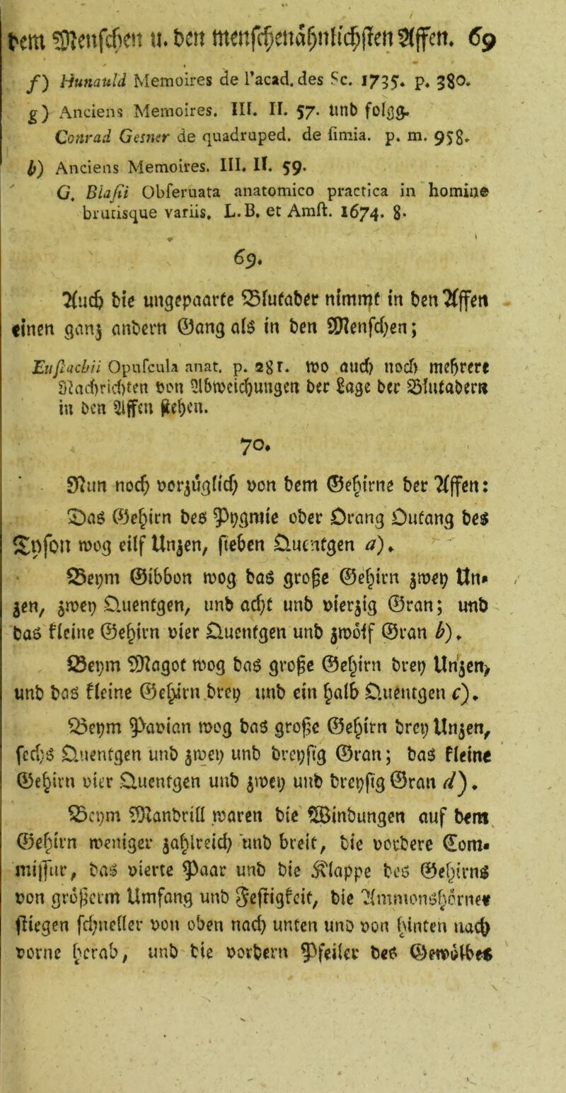 l'cm ®ettfcfien \i t)crt menfc^ena^nlfcpjlen^ljfett. 69 /) tiunauld Memoires de l’acad. des Sc. 1735’. p. 5^0. Anciens Memoires. IH. II. 57. linb fol^^ Conrad Gesner de quadruped. de fimia. p. m. 95g» if) Anciens Memoires. III. II. 59. ' G. Biafii Obferuata anatomico practica in homiue brucisque variis, L.B, et Amft. 1674. 8* » * 69. 7(uc^ bie ungcpaarfe ^fufab^c nimnif in ben einen ganj onbern ©ang (iB in ben 2Jienfd)en; £//y2ac/7/i Opufeula anat. p. 2gr. tuo öud) noef) mehrere Siarf)rid)ten bon ^Ibwclcbungcti bec Sage bec SÖlutabent in bcn 5iff£ii fteb«»- 70. 9^un noc^ uor^uqlicf) uon bem ©e^irne ber 2)aö ©e§irn beö ^p^gniie ober Drang Oufang bcJ ^pfon wog dlf Unjen, fiebcn üuenfgen a)^ 23ei;m ©ibbon wog baö gro§c @ef;trn jwep Un» 3en, jwep Üuenfgen, unb ad}f unb »ierjtg ©ran; unb baö ficine ©e^irn oier Üuenfgen unb jwbif ©ran » S3epm S!)Zagof wog ba$ gro^e ©ef^trn brep Un'5cn> unb baö ficine ©e^’rn brep unb ein §a(b Ü.ueutgen c), ^epm 9^at>ian wog baö gro^e ©ejirn brep linken, fed)^ Üuenfgen unb ^wei) unb brepfig ©ran; bas fleine ©e^irn oier Üuenfgen unb ^wci; unb brcpftg©ran ^epm sp^anbriü waren bic ?©inbungen ouf bem^ ©e^irn weniger ja^lreid) unb breif, bic oorberc €om« mi)]iir, bas oiertc ^aar unb bic 5^Iappe beö ©el^irns bon groj^erm Umfong unb Scffig^cif, bic ?(mmonsf^crnef (Hegen fd;uedcr von oben nad) unten uno bon binfen iiac^ bornc berab, unb bic borbern ^feder b«s ©ewo^beS