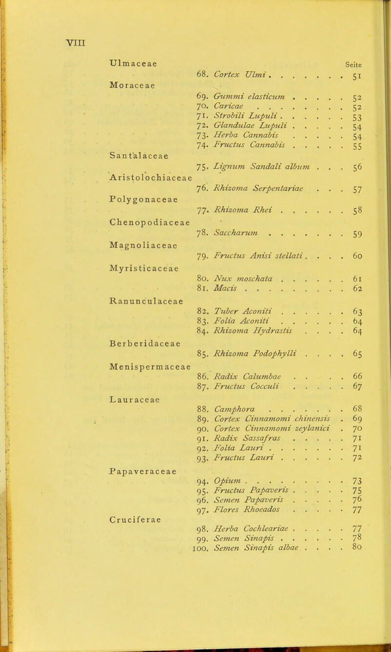 Ulmaceae Seite 68. Cortex Ulmi 51 Moraceae 69. Gummi elasticum 52 70. Caricae 52 71. Strobili Lupuli 53 72. Glandulae Lupuli 54 73- Herba Cannabis 54 74. Fructus Cannabis 55 San t'alaceae Aristolochiaceae Poly gonaceae Chenopodiaceae Magnoliaceae Myristicaceae Ranunculaceae Berberidaceae Menispermaceae Lauraceae 75- Lignum Sandali album ... 56 76. Rhizoma Serpcntariae . . . 57 77. Rhizoma Rhei 58 78. Saccharum 59 79. Fructus Anisi stellati .... 60 80. Nux tnoschata 61 81. Macis 62 82. • 63 83. . 64 84. Rhizoma Hydrasiis . 64 85. Rhizoma Podophylli . . . • 65 86. Radix Calumbae . 66 87. • 67 88. 68 89. Cortex Ci?inamomi chinensis . 69 90. Cortex Cinna?nomi zeylanici • 70 91. ■ 7i 92. • 7i 93- ■ 72 Papaveraceae Cruciferae 94. Opium 73 95. Fructus Papaveris 75 96. Semen Papaveris 76 97. Flores Rhoeados 77 98. Herba Cochlcariae 77 99. Semen Sinapis 78 100. Semen Sinapis albae .... 80