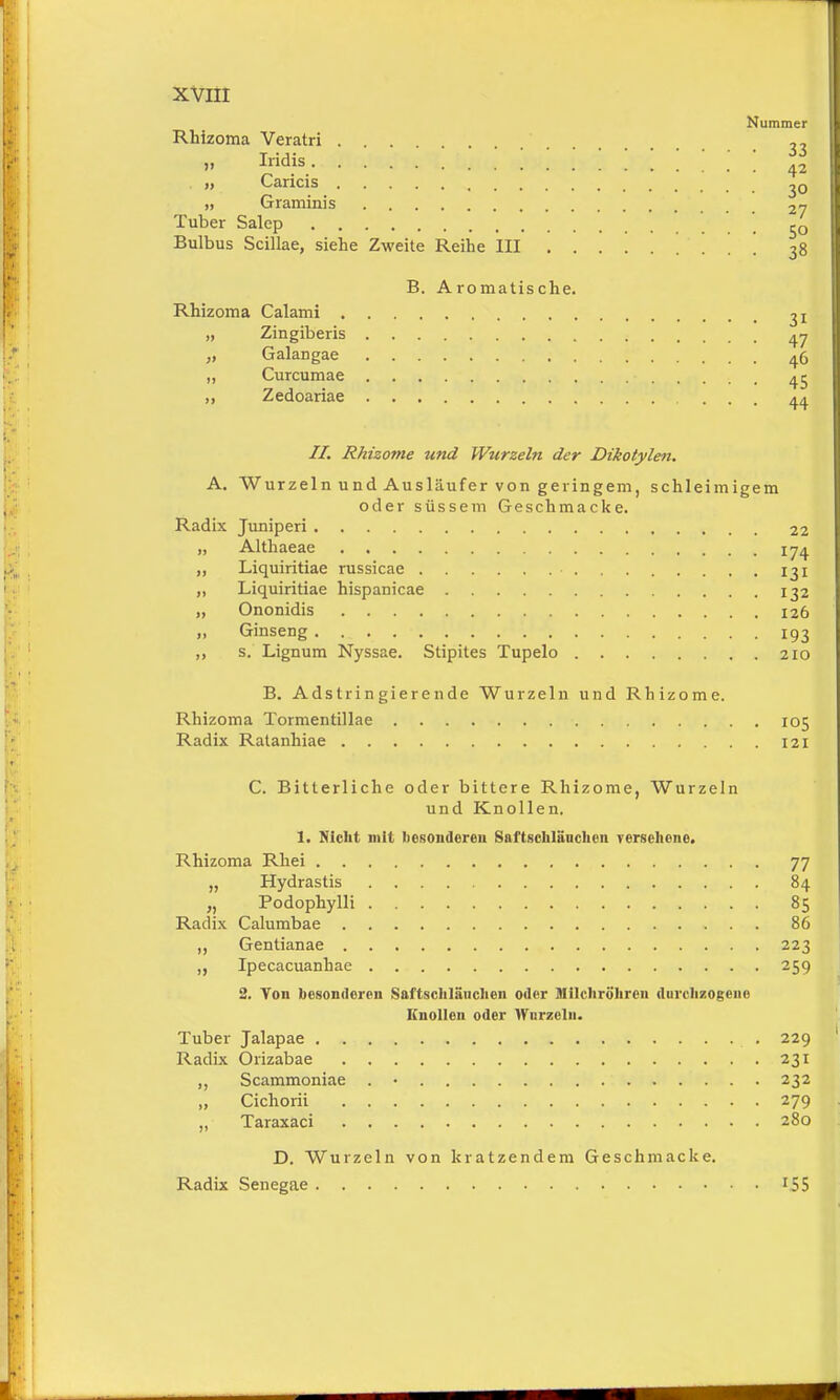 Rhizoma Veratri „ Iridis. „ Caricis » Graminis Tuber Salep Bulbus Scillae, sie Rhizoma Calami . „ Zingiberis „ Galangae ,, Curcumae ,, Zedoariae II. Rhizome und Wurzeln der Dikotylen. A. Wurzeln und Ausläufer von geringem, schleimigem oder süssem Geschmacke. Radix Juniperi 22 „ Althaeae 174 ,, Liquiritiae russicae 131 „ Liquiritiae hispanicae 132 „ Ononidis 126 „ Ginseng 193 ,, s. Lignum Nyssae. Stipites Tupelo 210 B. Adstringierende Wurzeln und Rhizome. Rhizoma Tormentillae 105 Radix Ratanhiae 121 C. Bitterliche oder bittere Rhizome, Wurzeln und Knollen. 1. Nickt mit Iiosondereii Saftschlänchen versehene. Rhizoma Rhei 77 „ Hydrastis 84 „ Podophylli 85 Radix Calumbae 86 ,, Gentianae 223 Ipecacuanhae 259 2. Von besonderen Saftschlänchen oder Milchröhren durchzogene Knollen oder Wurzeln. Tuber Jalapae 229 Radix Orizabae 231 „ Scammoniae . • 232 „ Cichorii 279 „ Taraxaci 280 D. Wurzeln von kratzendem Geschmacke. Radix Senegae 155 Nummer 33 42 30 27 50 ie Zweite Reihe III 38 B. Aromatische. 31 47 46 45 44