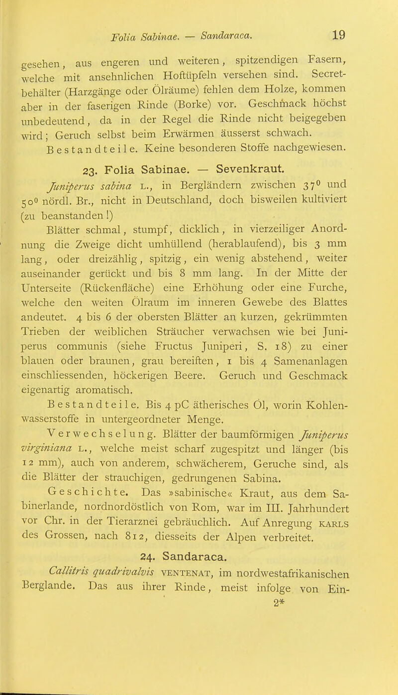 gesehen, aus engeren und weiteren, spitzendigen Fasern, welche mit ansehnlichen Hoftüpfeln versehen sind. Secret- behälter (Harzgänge oder Ölräume) fehlen dem Holze, kommen aber in der faserigen Rinde (Borke) vor. Geschmack höchst unbedeutend, da in der Regel die Rinde nicht beigegeben wird; Geruch selbst beim Erwärmen äusserst schwach. Bestandteile. Keine besonderen Stoffe nachgewiesen. 23. Folia Sabinae. — Sevenkraut. Juniperus Sabina L., in Bergländern zwischen 370 und 50° nördl. Br., nicht in Deutschland, doch bisweilen kultiviert (zu beanstanden!) Blätter schmal, stumpf, dicklich, in vierzeiliger Anord- nung die Zweige dicht umhüllend (herablaufend), bis 3 mm lang, oder dreizählig, spitzig, ein wenig abstehend, weiter auseinander gerückt und bis 8 mm lang. In der Mitte der Unterseite (Rückenfläche) eine Erhöhung oder eine Furche, welche den weiten Ölraum im inneren Gewebe des Blattes andeutet. 4 bis 6 der obersten Blätter an kurzen, gekrümmten Trieben der weiblichen Sträucher verwachsen wie bei Juni- perus communis (siehe Fructus Juniperi, S. 18) zu einer blauen oder braunen, grau bereiften, 1 bis 4 Samenanlagen einschliessenden, höckerigen Beere. Geruch und Geschmack eigenartig aromatisch. Bestandteile. Bis 4 pC ätherisches Öl, worin Kohlen- wasserstoffe in untergeordneter Menge. Verwechselung. Blätter der baumförmigen Juniperus virginiana l., welche meist scharf zugespitzt und länger (bis 12 mm), auch von anderem, schwächerem, Gerüche sind, als die Blätter der strauchigen, gedrungenen Sabina. Geschichte. Das »sabinische« Kraut, aus dem Sa- binerlande, nordnordöstlich von Rom, war im IH. Jahrhundert vor Chr. in der Tierarznei gebräuchlich. Auf Anregung karls des Grossen, nach 812, diesseits der Alpen verbreitet. 24. Sandaraca. Callitris quadrivalvis ventenat, im nordwestafrikanischen Berglande. Das aus ihrer Rinde, meist infolge von Ein- 2*
