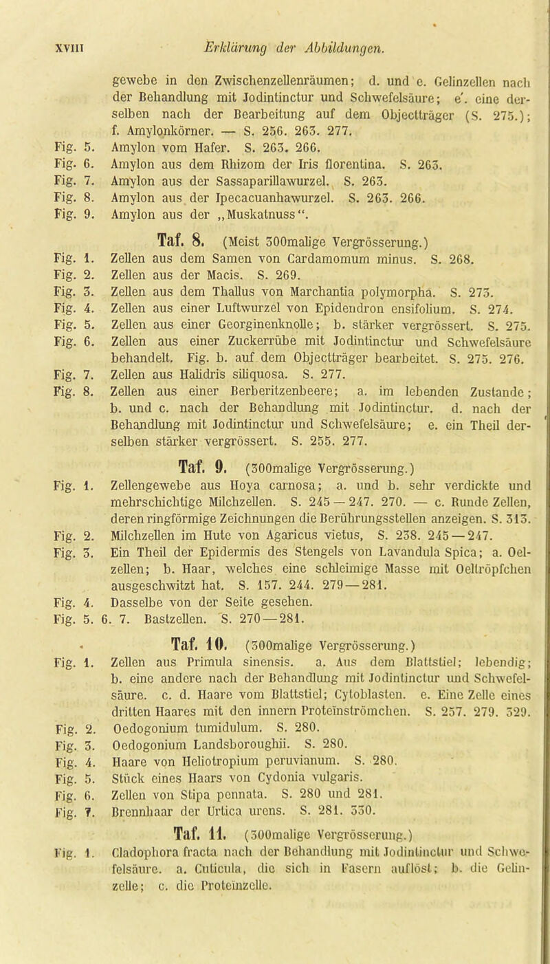Fig. 5. Fig. 6. Fig. 7. Fig. 8. Fig. 9 Fig. 1. Fig. 2. Fig. 3. Fig. 4. Fig. 5. Fig. 6. Fig. 7. Fig. 8. Fig. 1. Fig. 2. Fig. 3. Fig. 4. Fig. 5. Fig. 1. Fig. 2 Fig. 3. Fig. 4 Fig. 5. Fig. 6. Fig. Fig. 1. gcwebe in den Zwischenzellenräumen; d. und e. Gelinzellen nach der Behandlung mit Jodintinclur und Schwefelsäure; e'. eine der- selben nach der Bearbeitung auf dem Objectträger (S. 275.); f. Amylonkörner. — S. 25G. 263. 277. Amylon vom Hafer. S. 263. 266. Amylon aus dem Bhizom der Iris florentina. S. 263. Amylon aus der Sassaparillawurzel. S. 263. Amylon aus der Ipecacuanhawurzel. S. 263. 266. Amylon aus der „Muskatnuss“. Taf. 8. (Meist 300mab‘ge Vergrösserung.) Zellen aus dem Samen von Cardamomum minus. S. 268. Zellen aus der Macis. S. 269. Zellen aus dem Thallus von Marchantia polymorpha. S. 275. Zellen aus einer Luftwurzel von Epidendron ensifolium. S. 274. Zellen aus einer Georginenknolle; b. stärker vergrössert. S. 275. Zellen aus einer Zuckerrübe mit Jodintinctur und Schwefelsäure behandelt. Fig. b. auf dem Objectträger bearbeitet. S. 275. 276. Zellen aus Halidris siliquosa. S. 277. Zellen aus einer Berberitzenbeere; a. im lebenden Zustande; b. und c. nach der Behandlung mit Jodintinctur. d. nach der Behandlung mit Jodintinctur und Schwefelsäure; e. ein Theil der- selben stärker vergrössert. S. 255. 277. Taf. 9. (300malige Vergrösserung.) Zellengewebe aus Hoya carnosa; a. und b. sein1 verdickte und mehrschichtige Milchzellen. S. 245 — 247. 270. — c. Runde Zellen, deren ringförmige Zeichnungen die Berülirungsstellen anzeigen. S. 315. Milchzellen im Hute von Agaricus vietus, S. 238. 245 — 247. Ein Theil der Epidermis des Stengels von Lavandula Spica; a. Oel- zellen; b. Haar, welches eine schleimige Masse mit Oellröpfchen ausgeschwitzt hat. S. 157. 244. 279 — 281. Dasselbe von der Seite gesehen. 6. 7. Bastzellen. S. 270 — 281. Taf. 10. (300malige Vergrösserung.) Zellen aus Primula sinensis. a. Aus dem Blattstiel; lebendig; b. eine andere nach der Behandlung mit Jodintinctur und Schwefel- säure. c. d. Haare vom Blattstiel; Cytoblasten. e. Eine Zelle eines dritten Haares mit den innern Proteinströmchen. S. 257. 279. 329. Oedogonium tumidulum. S. 280. Oedogonium Landsborouglni. S. 280. Haare von Hcliotropium peruvianum. S. 280. Stück eines Haars von Cydonia vulgaris. Zellen von Stipa pennata. S. 280 und 281. Brennhaar der Urtica urens. S. 281. 330. Taf. 11. (SOOmalige Vergrösserung.) Cladophora fracta nach der Behandlung mit Jodintinctur und Schwe- felsäure. a. Cuticula, die sich in Fasern auf löst; b. die Gelin- zelle; c. die Protemzelle.