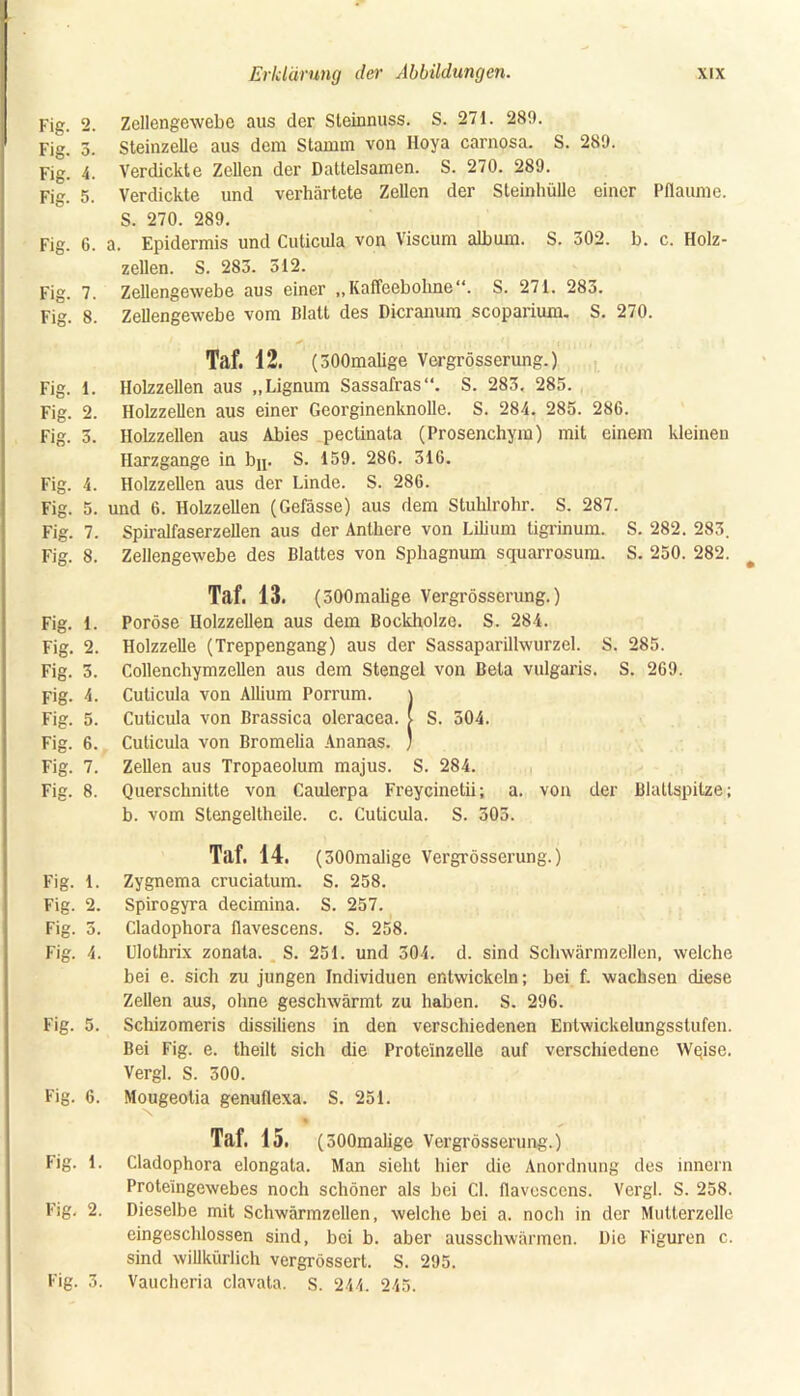 Fig. 2. Zellengewebe aus der Steinnuss. S. 271. 280. Fig. 5. Steinzelle aus dem Stamm von Iloya carnosa. S. 280. Fig. 4. Verdickte Zellen der Dattelsamen. S. 270. 280. Fig. 5. Verdickte und verhärtete Zellen der Sleinhülle einer Pflaume. S. 270. 280. Fig. 6. a. Epidermis und Cuticula von Viscum album. S. 302. b. c. Holz- zellen. S. 283. 312. Fig. 7. Zellengewebe aus einer „Kaffeebohne“. S. 271. 283. Fig. 8. Zellengewebe vom Blatt des Dicranum scoparium. S. 270. Taf. 12. (300malige Vergrösserung.) Fig. 1. Holzzellen aus „Lignum Sassafras“. S. 283. 285. Fig. 2. Holzzellen aus einer Georginenknolle. S. 284. 285. 286. Fig. 3. Holzzellen aus Abies pectinata (Prosenchym) mit einem kleinen Harzgange in hy. S. 150. 286. 316. Fig. 4. Holzzellen aus der Linde. S. 286. Fig. 5. und 6. Holzzellen (Gefässe) aus dem Stuhlrohr. S. 287. Fig. 7. Spiralfaserzellen aus der Anthere von Lilium tigrinum. S. 282. 283. Fig. 8. Zellengewebe des Blattes von Sphagnum squarrosura. S. 250. 282. Taf. 13. (300malige Vergrösserung.) Fig. 1. Poröse Holzzellen aus dem Bockholze. S. 284. Fig. 2. Holzzelle (Treppengang) aus der Sassaparilhvurzel. S. 285. Fig. 3. Collenchymzellen aus dem Stengel von Beta vulgaris. S. 269. Fig. 4. Cuticula von Allium Porrum. \ Fig. 5. Cuticula von Brassica oleracea. [ S. 504. Fig. 6. Cuticula von Bromelia Ananas. ; Fig. 7. Zellen aus Tropaeolum majus. S. 284. Fig. 8. Querschnitte von Caulerpa Freycinetii; a. von der Blallspilze; b. vom Stengeitheile. c. Cuticula. S. 305. Taf. 14. (300malige Vergrösserung.) Fig. 1. Zygnema cruciatum. S. 258. Fig. 2. Spirogyra decimina. S. 257. Fig. 3. Cladophora flavescens. S. 258. Fig. 4. Ulothrix zonata. S. 251. und 304. d. sind Schwärmzellen, welche bei e. sich zu jungen Individuen entwickeln; bei f. wachsen diese Zellen aus, ohne geschwärmt zu haben. S. 296. Fig. 5. Schizomeris dissiliens in den verschiedenen Entwickelungsstufen. Bei Fig. e. theilt sich die Prote'inzelle auf verschiedene Wqise. Vergl. S. 300. Fig. 6. Mougeotia genuflexa. S. 251. % Taf. 15. (SOOmalige Vergrösserung.) Fig. 1. Cladophora elongata. Man sieht hier die Anordnung des innern Prote'ingewebes noch schöner als bei CI. flavescens. Vergl. S. 258. Fig. 2. Dieselbe mit Schwärmzellen, welche bei a. noch in der Mutterzellc eingeschlossen sind, bei b. aber ausschwärmen. Die Figuren c. sind willkürlich vergrössert. S. 295. Fig. 3. Vaucheria clavata. S. 244. 245.