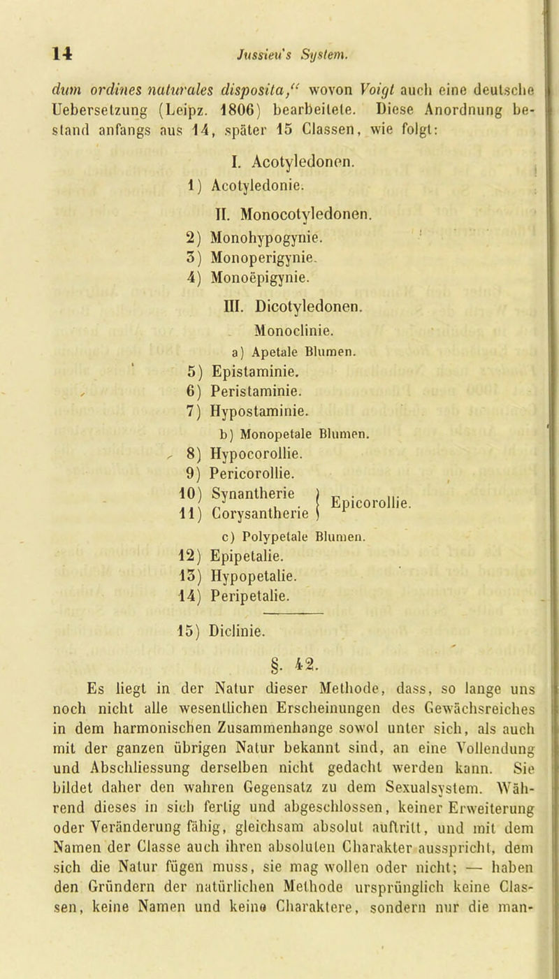 dum ordines naturales disposita,“ wovon Voigt auch eine deutsche Ueberselzung (Leipz. 1806) bearbeitete. Diese Anordnung be- stand anfangs aus 14, später 15 Classen, wie folgt: I. Acotyledonen. 1) Acotyledonie. II. Monocotyledonen. 2) Monohypogynie. 3) Monoperigynie, 4) Monoepigynie. III. Dicotyledonen. Monoclinie. a) Apetale Blumen. 5) Epistaminie. 6) Peristaminie. 7) Hypostaminie. b) Monopetale Blumen. ^ 8) Hypocorollie. 9) Pericorollie. 10) Synantherie 11) Corysantherie Epicorollie. c) Polypetale Blumen. 12) Epipetalie. 13) Hypopetalie. 14) Peripetalie. 15) Diclinie. §. 42. Es liegt in der Natur dieser Methode, dass, so lange uns noch nicht alle wesentlichen Erscheinungen des Gewächsreiches in dem harmonischen Zusammenhänge sowol unter sich, als auch mit der ganzen übrigen Natur bekannt sind, an eine Vollendung und Abschliessung derselben nicht gedacht werden kann. Sie bildet daher den wahren Gegensatz zu dem Sexualsystem. Wäh- rend dieses in sich fertig und abgeschlossen, keiner Erweiterung oder Veränderung fähig, gleichsam absolut auflrilt, und mit dem Namen der Glasse auch ihren absoluten Charakter ausspricht, dem sich die Natur fügen muss, sie mag wollen oder nicht; — haben den Gründern der natürlichen Methode ursprünglich keine Clas- sen, keine Namen und keine Charaktere, sondern nur die man-