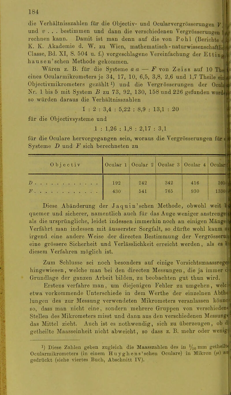 1S-1 die VerhältnisBzahlen für die Objectiv- und Ocularvergrösserungen V und v . . . bestimmen und dann die verschiedenen VergrösBerungen jjE rechnen kann. Damit ist man denn auf die von Pohl (Berichte djl K. K. Akad emie d. W. zu Wien, mathematisch - naturwissenßchaftliJB Classe, Bd. XI, S. 504 u. f.) vorgeschlagene Vereinfachung der Ettin Ji hausen' sehen Methode gekommen. Wären z. B. für die Systeme aa — F von Zeiss auf 10 Tbe|j eines Ocularmikrometers je 34, 17, 10, 6,5, 3,8, 2,6 und 1,7 Theile ei Objectivmikrometers gezähltJ) und die Vergrößerungen der Oci Nr. 1 bis 5 mit System B zu 73, 92, 130, 158 und 226 gefunden won so würden daraus die Verhältnisszahlen 1 : 2 : 3,4 : 5,22 : 8,9 : 13,1 : 20 für die Objectivsysteine und 1 : 1,26 : 1,8 : 2,17 : 3,1 für die Oculare hervorgegangen sein, woraus die Vergrösserungen für Systeme D und F sich berechneten zu Objectiv Ocular 1 Ocular 2 Ocular 3 Ocular 4 Oculari D F . 192 430 242 541 342 765 416 930 595* 13301 Diese Abänderung der Jaquin'schen Methode, obwohl weit quemer und sicherer, namentlich auch für das Auge weniger anstrenge! als die ursprüngliche, leidet indessen immerhin noch an einigen Mängel Verfährt man indessen mit äusserster Sorgfalt, so dürfte wohl kaum irgend eine andere Weise der directen Bestimmung der VergrössernJ eine grössere Sicherheit und Verlässlichkeit erreicht werden, als es ql diesem Verfahren möglich ist. Zum Schlüsse sei noch besonders auf einige Vorsichtsmaassregdj hingewiesen, welche man bei den directen Messungen, die ja immer dl Grundlage der ganzen Arbeit bilden, zu beobachten gut thun wird. Erstens verfahre man, um diejenigen Fehler zu umgehen, welcj etwa vorkommende Unterschiede in dem Werthe der einzelnen Abttaw lungen des zur Messung verwendeten Mikrometers veranlassen künndl so, dass man nicht eine, sondern mehrere Gruppen von verschieden!! Stellen des Mikrometers misst und dann aus den verschiedenen Messung« das Mittel zieht. Auch ist es nothwendig, sich zu überzeugen, ob d|l getheilte Maasseinheit nicht abweicht, so dass z. B. mehr oder wenigM J) Diese Zahlen geben zugleich die Maasszahlen des in yi0 mm getheilt Ocularmikrometers (in einem Huyghens'scheu Oculare) in Mikron (,) w gedrückt (siehe viertes Buch, Abschnitt IV).