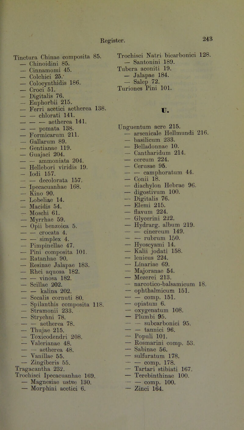 Tinctura Chinae composita 85. — Chinoidini 85. — Cinnamomi 45. — Colchici 25.' — Colocynthidis 186. — Croci 51. — Digitalis 76. — Euphorbii 215. — Ferri acetici aetherea 138. — — chlor ati 141. — aetherea 141. — — pomata 138. — Formicarum 211. — Gallarum 89. — Gentianae 119. — Guajaci 204. — — aminoniata 204. — Hellebori viridis 19. — Iodi 157. — — decolorata 157. — Ipecacuanhae 168. — Kino 90. — Lobeliae 14. — Macidis 54. — Moschi 61. — Myrrhae 59. — Opii benzoica 5. — — crocata 4. simplex 4. — Pimpinellae 47. — Pini composita 101. — Ratanhae 90. — Resinae Jalapae 183. — Rhei aquosa 182. — — vinosa 182. — Scillae 202. — — kalina 202. — Secalis cornuti 80. — Spilanthis composita 118. — Stramonii 233. — Strychni 78. — — aetherea 78. — Thujae 215. — Toxicodendri 208. — Valerianae 48. — — aetherea 48. — Vanillae 55. — Zingiberis 55. Tragacantha 232. Trochisci Ipecacuanhae 169. — Magnesiae ustne 130. — Morphini acetici 6. Trochisci Natri bicarbonici 128. — Santonini 189. Tubera aconiti 19. — Jalapae 184. - Salep 72. Turiones Pini 101. II. Unguentum acre 215. — arsenicale Hellmundi 216. — basilicum 233. — Belladonnae 10. — Cantharidum 214. — cercum 224. — Cerusae 95. — — camphoratum 44. — Conii 18. — diachylon Hebrae 96. — digostivum 100. — Digitalis 76. — Elemi 215. — flavum 224. — Glycerini 222. — Hydrarg. album 219. — — cinereum 149. — — rubrum 150. — Hyoscyami 14. — Kalii jodati 158. — lenieus 224. — Linariae 69. — Majoranae 54. — Mezerei 213. — narcotico-balsamicum 18. — ophthalmicum 151. — — comp. 151. — opiatum 6. — oxygenatum 108. — Plumbi 95. — — subcarbonici 95. — — tannici 96. — Populi 101. — Rosmarini comp. 53. — Sabinae 56. — sulfuratum 178. — — comp. 178. — Tartari stibiati 167. — Terebinthinae 100. — — comp. 100. — Zinci 164.