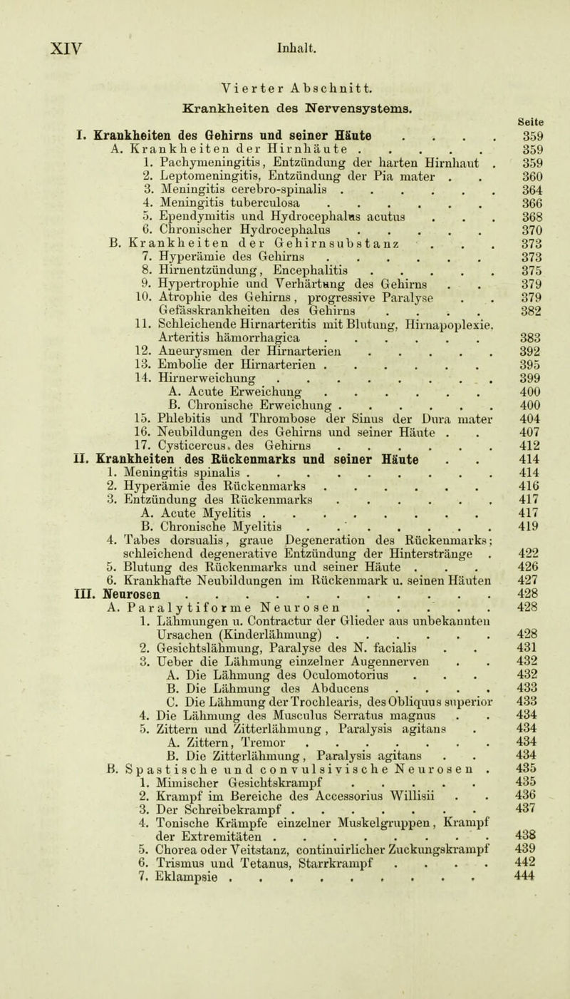 Vierter Abschnitt. Krankheiten des Nervensystems. Seite I. Eraukheiten des Gehirns und seiner Häute .... 359 A. Krankheiten der Hirnhäute . . . . . 359 1. Pachymeningitis, Entzündung der harten Hirnhaut . 359 2. Leptoraeningitis, Entzündung der Pia mater . . 360 3. Meningitis cerebro-spinalis ...... 364 4. Meningitis tuberculosa 366 5. Ependymitis und Hydrocephalns acutus . . . 368 6. Chronischer Hydrocephalus 370 B. Krankheiten der Gehirnaubstanz , , . 373 7. Hyperämie des Gehii-ns 373 8. Hirnentzünduug, Encephalitis 375 9. Hypertrophie und Verhärtang des Gehirns . . 379 10. Atrophie des Gehirns, progressive Paralyse . . 379 Geitisskrankheiten des Gehirns .... 382 11. Schleichende Hirnarteritis mit Blutung, Hiruapoplexie. Arteritis hämorrhagica 383 12. Aneurysmen der Hirnarterieu 392 13. Embolie der Hirnarterien 395 14. Hii-nerweichung , 399 A. Acute Erweichung 400 B. Clironische Erweichung 400 15. Phlebitis und Thrombose der Sinus der Dura mater 404 16. Neubildungen des Gehirns und seiner Häute . . 407 17. Cysticercus, des Gehirns 412 il. Eraukheiten des Rückenmarks und seiner Häute . . 414 1. Meningitis spinalis 414 2. Hyperämie des Rückenmarks ...... 416 3. Entzündung des Rückenmarks 417 A. Acute Myelitis 417 B. Chronische Myelitis . .' . . . . . 419 4. Tabes dorsualis, graue Degeneration des Rückenmarks; schleichend degenerative Entzündung der Hinterstränge . 422 5. Blutung des Rückenmarks und seiner Häute . . . 426 6. Krankhafte Neubildungen im Rückenmark u. seinen Häuten 427 lU. Neurosen 428 A. ParalytiformeNeurosen . . . . . 428 1. Lähmungen n. Contractur der Glieder ans unbekannten Ursachen (Kinderlähmung) 428 2. Gesichtslähmung, Paralyse des N. facialis . . 431 3. Ueber die Lähmung einzelner Augennerven . . 432 A. Die Lähmung des Oculomotorius . . . 432 B. Die Lähmung des Abducens .... 433 C. Die Lähmung der Trochlearis, des Obliquus superior 433 4. Die Lähmung des Musculus Serratus magnus . . 434 5. Zittern und Zitterlähmung, Paralysis agitans , 434 A. Zittern, Tremor 434 B. Die Zitterlähmung, Paralysis agitans . . 434 B. Spastische und convulsivische Neurosen . 435 1. Mimischer Gesichtskrampf ..... 435 2. Krampf im Bereiche des Accessorius Willisii . . 436 3. Der Schreibekrampf 437 4. Tonische Krämpfe einzelner Muskelgruppen, Krampf der Extremitäten 438 5. Chorea oder Veitstanz, continuirlicher Zuckungskrampf 439 6. Trismus und Tetanus, Starrkrampf .... 442 7. Eklampsie 444