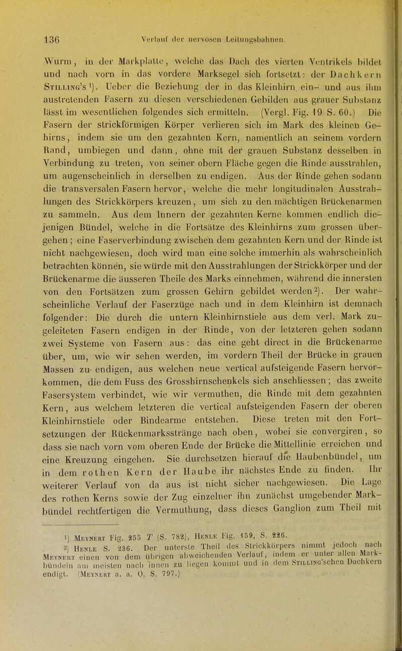 Wurm, in der Markplallo, welche das Dach ties vierten Ventrikels bildet ' und nach vorn in das vordere Marksegel sich fortsetzt: der Dach kern Stilling's'). Uebcr die Beziehung der in das Kleinhirn ein- und aus ihm i austretenden Fasern zu diesen verschiedenen Gebilden aus grauer Substanz | I lässt im wesentlichen folgendos sich ermitteln. (Vergl. Fig. 19 S. 60.) Die Fasern der strickförmigen Körper verlieren sich im Mark des kleinen Ge- hirns, indem sie um den gezahnten Kern, namentlich an seinem vordem Rand, umbiegen und dann, ohne mit der grauen Substanz desselben in i Verbindung zu treten, von seiner obern Fläche gegen die Rinde ausstrahlen, . um augenscheinlich in derselben zu endigen. Aus der Rinde gehen sodann die transversalen Fasern hervor, welche die mehr longiludinalen Ausstrah- , lungen des Strickkörpers kreuzen, um sich zu den machtigen Brückenarmen zu sammeln. Aus dem Innern der gezahnten Kerne kommen endlich die- i jenigen Bündel, welche in die Fortsätze des Kleinhirns zum grossen über- gehen ; eine Faserverbindung zwischen dem gezahnten Kern und der Rinde ist nicht nachgewiesen, doch wird man eine solche immerhin als wahrscheinlich betrachten können, sie würde mit den Ausstrahlungen der Strickkörper und der Brückenarme die äusseren Theile des Marks einnehmen, während die innersten von den Fortsätzen zum grossen Gehirn gebildet werden 2). Der wahr- scheinliche Verlauf der Faserzüge nach und in dem Kleinhirn ist demnach folgender: Die durch die untern Kleinhirnstiele aus dem verl. Mark zu- geleiteten Fasern endigen in der Rinde, von der letzteren gehen sodann zwei Systeme von Fasern aus : das eine geht direct in die Brückenarme über, um, wie wir sehen werden, im vordem Theil der Brücke in grauen Massen zu- endigen, aus welchen neue vertical aufsteigende Fasern hervor- kommen, die dem Fuss des Grosshirnschenkels sich anschUessen ; das zweite Fasersystem verbindet, wie wir vermuthen, die Rinde mit dem gezahnten Kern, aus welchem letzteren die vertical aufsteigenden Fasern der oberen Kleinhirnstiele oder Bindearme entstehen. Diese treten mit den Fort- setzungen der Rückenmarksstränge nach oben, wobei sie convergiren, so dass sie nach vorn vom oberen Ende der Brücke die Mittellinie erreichen und eine Kreuzung eingehen. Sie durchsetzen hierauf die Haubenbündel, um in dem rothen Kern der Haube ihr nächstes Ende zu finden. Ihr weiterer Verlauf von da aus ist nicht sicher nachgewiesen. Die Lage des rothen Kerns sowie der Zug einzelner ihn zunächst umgebender Mark- i bündel rechtfertigen die Vernuithung, dass dieses Ganglion zum Theil mit 1) Meynert Fig. 255 T (S. 782), Henle Fig. 159, S. 926. 2) Hewle S 236 Der unter.'ile Theil des Slricliiiörpers nimmt jedoch nach Meynert einen von dem ülirigen aljweichenden Vorlauf, indem er unter allen Mark- ^ bündeln an. meisten nach innen zu liegen komml und in dem Stilling sehen Dachkern endigl. (Meyneut a. a. 0. S. 797.)