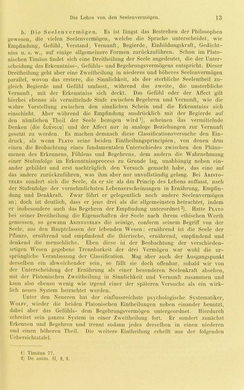 b. Die Seelenvermögcn. Es ist längst das Bestreben der Philosophen gewesen, die vielen Seelenvermögen, welche die Sprache unterscheidet, wie Empfindung, Gefühl, Verstand, Vernunft, Begierde, Einbildungskraft, Gedächt- nis u. s. w., auf einige allgemeinere Formen zurückzuführen. Schon im Plato- nischen Timäus findet sich eine Dreilheilung der Seele angedeutet, die der Unter- scheidung des Erkenntniss-, Gefühls- und Begehrungsvermögens entspricht. Dieser Dreitheilung geht aber eine Zweitheilung in niederes und höheres Seelenvermögen parallel, wovon das erstere, die Sinnlichkeit, als der sterbliche Seelentheil zu- gleich Begierde und Gefühl umfasst, während das zweite, die unsterbliche Vernunft, mit der Erkenntniss sich deckt. Das Gefühl oder der Affect gilt hierbei ebenso als vermittelnde Stufe zwischen Begehren und Vernunft, wie die wahre Vorstellung zwischen den sinnlichen Schein und die Erkenntniss sich einschiebt. Aber während die Empfindung ausdrücklich mit der Begierde auf den nämlichen Theil der Seele bezogen wird *), scheinen das vermittelnde Denken (die oiavot«) und der Affect nur in analoge Beziehungen zur Vernunft gesetzt zu werden. Es machen demnach diese Classificationsversuche den Ein- druck, als wenn Plato seine beiden Eintheilungsprincipien, von denen dem einen die Beobachtung eines fundamentalen Unterschiedes zwischen den Phäno- menen des Erkennens, Fühlens und Begehrens, dem andern die Wahrnehmung einer Stufenfolge im Erkenntnissprocess zu Grunde lag, unabhängig neben ein- ander gebildet und erst nachträglich den Versuch gemacht habe, das eine auf das andere zurückzu führen, was ihm aber nur unvollständig gelang. Bei Aristo- teles sondert sich die Seele, da er sie als das Princip des Lebens auffasst, nach der Stufenfolge der vernehmlichsten Lebenserscheinungen in Ernährung, Empfin- dung und Denkkraft. Zwar führt er gelegentlich noch andere Seelenvermögen an; doch ist deutlich, dass er jene drei als die allgemeinsten betrachtet, indem er insbesondere auch das Begehren der Empfindung unterordnet1 2). Hatte Plato bei seiner Dreitheilung die Eigenschaften der Seele nach ihrem ethischen Werth gemessen, so gewann Aristoteles die seinige, conl'orm seinem Begriff von der Seele, aus den Hauptclassen der lebenden Wesen: ernährend ist die Seele der Pllanze, ernährend und empfindend die thierische, ernährend, empfindend und denkend die menschliche. Eben diese in der Beobachtung der verschieden- artigen Wesen gegebene Trennbarkeit der drei Vermögen war wohl die ur- sprüngliche Veranlassung der Classification. Mag aber auch der Ausgangspunkt derselben ein abweichender sein, so fällt sic doch offenbar, sobald wir von der Unterscheidung der Ernährung als einer besonderen Seclenkraft abseben, mit der Platonischen Zweitheilung in Sinnlichkeit und Vernunft zusammen und kann also ebenso wenig wie irgend einer der späteren Versuche als ein wirk- lich neues System betrachtet werden. Unter den Neueren hat der einflussreichste psychologische Systematiker, Wolfe, wieder die beiden Platonischen Einlbeilungen neben einander benutzt, dabei aber das Gefühls- dem Begebrungsvermögen untergeordnet. Hierdurch schreitet sein ganzes System in einer Zweilheilung fori. Er sondert zunächst Erkennen und Begehren und trennt sodann jedes derselben in einen niederen und einen höheren Theil. Die weitere Einlheilung erhellt aus der folgenden Uebersichtslafel. 1) Timäus 77. 2) De anim. II, 2, 3.