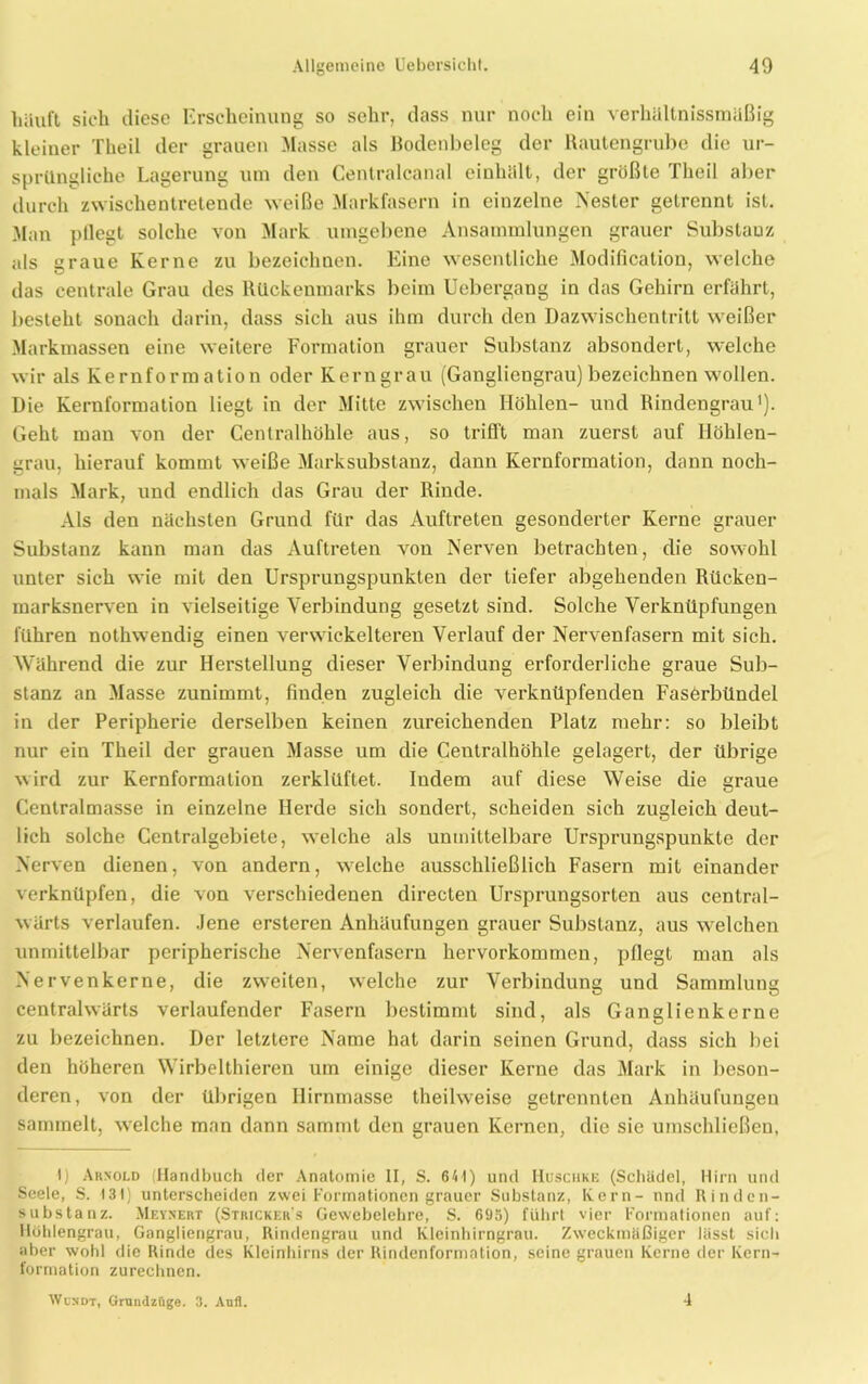 häuft sich diese Erscheinung so sehr, dass nur noch ein verhültnissmüßig kleiner Theil der grauen Masse als Bodenbeleg der Rautengrube die ur- sprüngliche Lagerung um den Centralcanal einhält, der größte Theil aber durch zwischentretende weiße Markfasern in einzelne Nester getrennt ist. Man pflegt solche von Mark umgebene Ansammlungen grauer Substanz als graue Kerne zu bezeichnen. Eine wesentliche Modification, welche das centrale Grau des Rückenmarks beim Uebergang in das Gehirn erfährt, besteht sonach darin, dass sich aus ihm durch den Dazwischentritt weißer Markmassen eine weitere Formation grauer Substanz absondert, welche wir als Kernformation oder Kerngrau (Gangliengrau) bezeichnen wollen. Die Keruformation liegt in der Mitte zwischen Höhlen- und Rindengrau1). Geht man von der Centralhöhle aus, so trifft man zuerst auf Ilöhlen- grau, hierauf kommt weiße Marksubstanz, dann Kernformation, dann noch- mals Mark, und endlich das Grau der Rinde. Als den nächsten Grund für das Auftreten gesonderter Kerne grauer Substanz kann man das Auftreten von Nerven betrachten, die sowohl unter sich wie mit den Ursprungspunkten der tiefer abgehenden Rücken- marksnerven in vielseitige Verbindung gesetzt sind. Solche Verknüpfungen führen nothwendig einen verwiekelteren Verlauf der Nervenfasern mit sich. Während die zur Herstellung dieser Verbindung erforderliche graue Sub- stanz an Masse zunimmt, finden zugleich die verknüpfenden Fasörbündel in der Peripherie derselben keinen zureichenden Platz mehr: so bleibt nur ein Theil der grauen Masse um die Centralhöhle gelagert, der übrige wird zur Kernformation zerklüftet. Indem auf diese Weise die graue Centralmasse in einzelne Herde sich sondert, scheiden sich zugleich deut- lich solche Centralgebiete, welche als unmittelbare Ursprungspunkte der Nerven dienen, von andern, welche ausschließlich Fasern mit einander verknüpfen, die von verschiedenen directen Ursprungsorten aus central- wärts verlaufen. Jene ersteren Anhäufungen grauer Substanz, aus welchen unmittelbar peripherische Nervenfasern hervorkommen, pflegt man als Nervenkerne, die zweiten, welche zur Verbindung und Sammlung centralwärts verlaufender Fasern bestimmt sind, als Ganglienkerne zu bezeichnen. Der letztere Name hat darin seinen Grund, dass sich bei den höheren Wirbelthieren um einige dieser Kerne das Mark in beson- deren, von der übrigen Hirnmasse theilweise getrennten Anhäufungen sammelt, welche man dann sammt den grauen Kernen, die sie umschließen, I) Arnold (Handbuch der Anatomie II, S. 641) und Huschke (Schädel, Hirn und Seele, S. 131) unterscheiden zwei Formationen grauer Substanz, Kern- nnd Rinden- substanz. Meynert (Stricker’s Gewebelehre, S. 695) führt vier Formationen auf: Höhlengrau, Gangliengrau, Rindengrau und Kleinhirngrau. Zweckmäßiger lässt sich aber wohl die Rinde des Kleinhirns der Rindenformation, seine grauen Kerne der Kern- formation zurechnen. Wcsdt, Grundzüge. 3. Anfl. 4