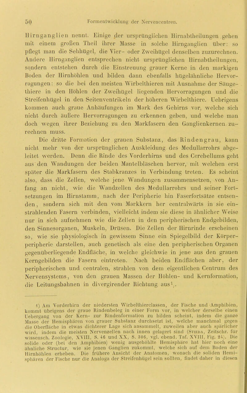 11 irnganglien nennt. Einige der ursprünglichen Hirnablheilungen gehen inil einem großen Theil ihrer Masse in solche Uirnganglien über: so pflegt man die Sehhügel, die Vier- oder Zweihügel denselben zuzurechnen. Andere Hirnganglien entsprechen nicht ursprünglichen Hirnablheilungen, sondern entstehen durch die Einstreuung grauer Kerne in den markigen Boden der Hirnhöhlen und bilden dann ebenfalls hügelähnliche Ilervor- ragungen: so die bei den meisten Wirbellhieren mit Ausnahme der Säuge- thiere in den Höhlen der Zweihügel liegenden llervorragungen und die Streifenhügel in den Seitenventrikeln der höheren Wirbelthiere. Uebrigens kommen auch graue Anhäufungen im Mark des Gehirns vor, welche sich nicht durch äußere llervorragungen zu erkennen geben, und welche man doch wegen ihrer Beziehung zu den Markfasern den Ganglienkernen zu- rechnen muss. Die dritte Formation der grauen Substanz, das Rindengrau, kann nicht mehr von der ursprünglichen Auskleidung des Medullarrohrs abge- leitet werden. Denn die Rinde des Vorderhirns und des Cerebellums geht aus den Wandungen der beiden Mantelbläschen hervor, mit welchen erst später die Markfasern des Slabkranzes in Verbindung treten. Es scheint also, dass die Zellen, welche jene Wandungen zusammensetzen, von An- fang an nicht, wie die Wandzellen des Medullarrohrs und seiner Fort- setzungen im Hirnstamm, nach der Peripherie hin Faserfortsätze entsen- den , sondern sich mit den vom Markkern her centralwärts in sie ein- strahlenden Fasern verbinden, vielleicht indem sie diese in ähnlicher Weise nur in sich aufnehmen wie die Zellen in den peripherischen Endgebilden, den Sinnesorganen, Muskeln, Drüsen. Die Zellen der Hirnrinde erscheinen so, wie sie physiologisch in gewissem Sinne ein Spiegelbild der Körper- peripherie darstellen, auch genetisch als eine den peripherischen Organen gegenüberliegende Endfläche, in welche gleichwie in jene aus den grauen Kerngebilden die Fasern eintreten. Nach beiden Endflächen aber, der peripherischen und centralen, strahlen von dem eigentlichen Centrum des Nervensystems, von den grauen Massen der Höhlen- und Kernformation, die Leitungsbahnen in divergirender Richtung aus1,. 1) Am Vorderhirn der niedersten Wirbelthierclassen, der Fische und Amphibien, kommt übrigens der graue Rindenbeleg in einer Form vor, in welcher derselbe einen Uebergang von der Kern- zur Rindenformation zu bilden scheint, indem die ganze Masse der Hemisphären von grauer Substanz durchsetzt ist, welche manchmal gegen die Oberfläche in etwas dichterer Lago sich ansammelt, zuweilen aber auch spärlicher wird, indem die meisten Nervenzellen nach innen gelagert sind (Stieda, Zeitschr. für wissensch. Zoologie, XVIII, S. 46 und XX, S. 306, vgl. cbend. Taf. XVIII, Fig. 24). Die solide oder (bei den Amphibien) wenig ausgehöhlte Hemisphäre bat hier noch eine ähnliche Structur, wie sie jenen Ganglien zukommt, welche sich auf dem Boden der Hirnhöhlen erheben. Die frühere Ansicht der Anatomen, wonach die soliden Hemi- sphären der Fische nur die Analoga der Streifcnhügel sein sollten, findet daher in diesen
