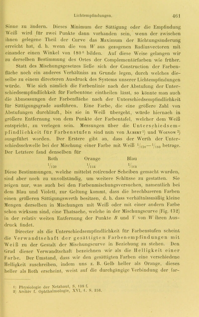 Sinne zu ändern. Dieses Minimum der Sättigung oder die Empfindung Weiß wird tür zwei Punkte dann vorhanden sein, wenn der zwischen ihnen gelegene Theil der Curve das Maximum der Richtungsänderung erreicht hat, d. h. wenn die von W aus gezogenen Radiusvectoren mit einander einen Winkel von 180° bilden. Aul diese Weise gelangen wir zu derselben Bestimmung des Ortes der Complementärfarben wie früher. Statt des Mischungsgesetzes ließe sich der Construction der Farben- fläche noch ein anderes Verhältniss zu Grunde legen, durch welches die- selbe zu einem directeren Ausdruck des Systems unserer Lichtempfindungen würde. Wie sich nämlich die Farbenlinie nach der Abstufung der Unter- schiedsempfindlichkeit für Farbentöne eintheilen lässt, so könnte man auch die Abmessungen der Farbenfläche nach der Unterschiedsempfindlichkeit für Sättigungsgrade ausführen. Eine Farbe, die eine größere Zahl von Abstufungen durchläuft, bis sie in Wreiß übergeht, würde hiernach in größere Entfernung von dem Punkte der Farbentafel, welcher dem Weiß entspricht, zu verlegen sein. Messungen über die Unterschieds em- p findli chkeit für Farben stufen sind nun von Aibert1) und Woinow2) ausgeführt worden. Der Erstere gibt an, dass der W7erth der Unter- schiedsschwelle bei der Mischung einer Farbe mit W7eiß Yi2ü—Viso betrage. Der Letztere fand denselben für Roth Orange Blau V120 V1-14 VlCO Diese Bestimmungen, welche mittelst rotirender Scheiben gemacht wurden, sind aber noch zu unvollständig, um weitere Schlüsse zu gestatten. Sie zeigen nur, was auch bei den Farbenmischungsversuchen, namentlich bei dem Blau und Violett, zur Geltung kommt, dass die brechbareren Farben einen größeren Sättigungswerth besitzen, d. h. dass verhältnissmäßig kleine Mengen derselben in Mischungen mit W'eiß oder mit einer andern Farbe schon wirksam sind, eine Thatsache, welche in der Mischungscurve (Fig. 132) in der relativ weiten Entfernung der Punkte B und V von W ihren Aus- druck findet. Directer als die Unterschiedsempfindlichkeit für Farbenslufen scheint die Verwandtschaft der gesättigten Farbenempfindungen mit Wreiß zu der Gestalt der Mischungscurve in Beziehung zu stehen. Den Grad dieser Verwandtschaft bezeichnen wir als die Helligkeit einer Farbe. Der Umstand, dass wir den gesättigten Farben eine verschiedene Helligkeit zuschreiben, indem uns z. B. Gelb heller als Orange, dieses heller als Roth erscheint, weist auf die durchgängige Verbindung der far- 1) Physiologie der Netzhaut, S. 138 f.