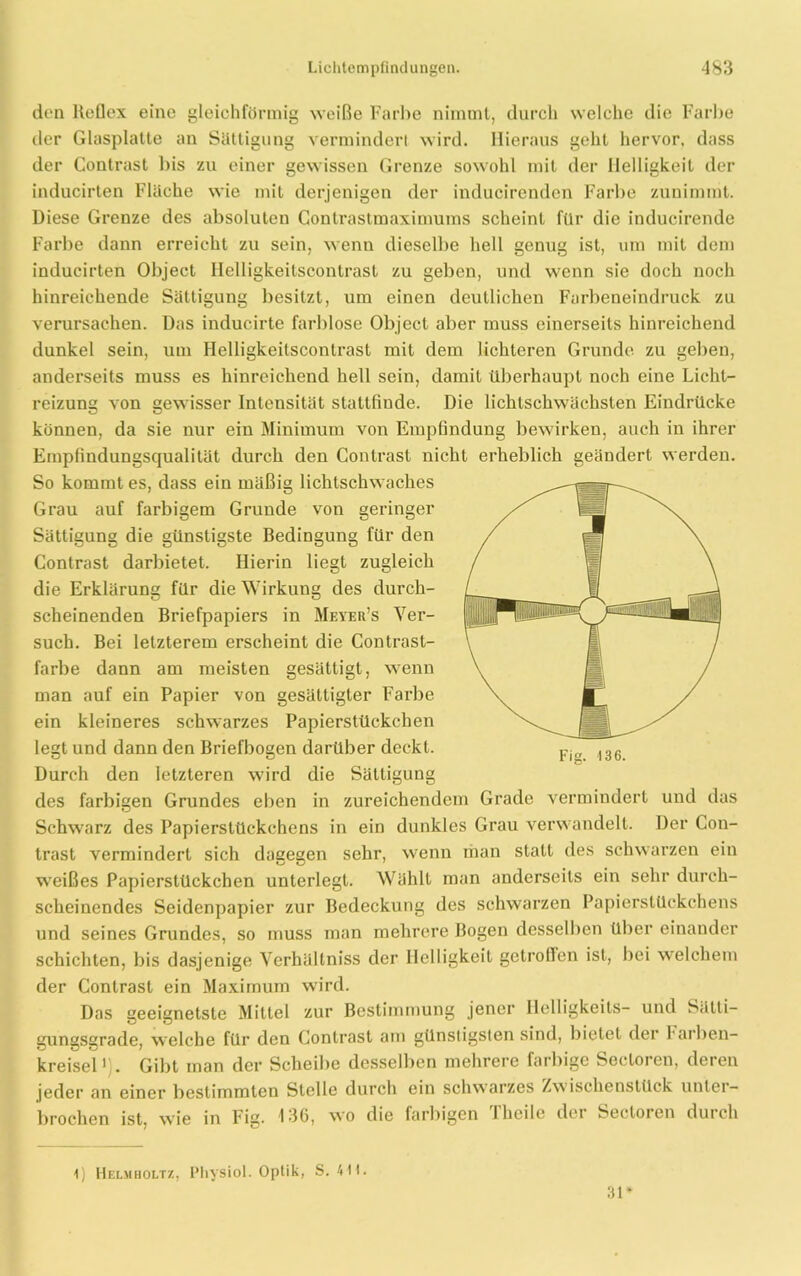 den Reflex eine gleichförmig weiße Farbe nimmt, durch welche die Farbe der Glasplatte an Sättigung vermindert wird. Hieraus geht hervor, dass der Contrast bis zu einer gewissen Grenze sowohl mit der Helligkeit der inducirten Fläche wie mit derjenigen der inducirendcn Farbe zunimmt. Diese Grenze des absoluten Conlrastmaximums scheint für die indueirende Farbe dann erreicht zu sein, wenn dieselbe hell genug ist, um mit dem inducirten Object Helligkeitscontrast zu geben, und wenn sie doch noch hinreichende Sättigung besitzt, um einen deutlichen Farbeneindruck zu verursachen. Das inducirte farblose Object aber muss einerseits hinreichend dunkel sein, um Helligkeitscontrast mit dem lichteren Grunde zu geben, anderseits muss es hinreichend hell sein, damit überhaupt noch eine Licht- reizung von gewisser Intensität stattfiude. Die lichtschwächsten Eindrücke können, da sie nur ein Minimum von Empfindung bewirken, auch in ihrer Empfindungsqualität durch den Contrast nicht erheblich geändert werden. So kommt es, dass ein mäßig lichtschwaches Grau auf farbigem Grunde von geringer Sättigung die günstigste Bedingung für den Contrast darbietet. Hierin liegt zugleich die Erklärung für die Wirkung des durch- scheinenden Briefpapiers in Meyer’s Ver- such. Bei letzterem erscheint die Contrast- farbe dann am meisten gesättigt, wenn man auf ein Papier von gesättigter Farbe ein kleineres schwarzes Papierstückchen legt und dann den Briefbogen darüber deckt. Durch den letzteren wird die Sättigung des farbigen Grundes eben in zureichendem Grade vermindert und das Schwarz des Papierstückchens in ein dunkles Grau verw andelt. Der Con- trast vermindert sich dagegen sehr, wenn man statt des schwarzen ein wTeißes Papierstückchen unterlegt. Wählt man anderseits ein sehr durch- scheinendes Seidenpapier zur Bedeckung des schwarzen Papierstückchens und seines Grundes, so muss man mehrere Bogen desselben über einander schichten, bis dasjenige Verhältniss der Helligkeit getroffen ist, bei welchem der Contrast ein Maximum wird. Das geeignetste Mittel zur Bestimmung jener Ilelligkeils— und Sätti- gungsgrade, welche für den Contrast am günstigsten sind, bietet der farben- kreisel1 . Gibt man der Scheibe desselben mehrere farbige Secloren, deren jeder an einer bestimmten Stelle durch ein schwarzes Zwischenstück unter- brochen ist, wie in Fig. 136, wo die farbigen I heile der Sectoi cn dui ch 4) Helmöoltz. Physiol. Optik, S. 411. 31*