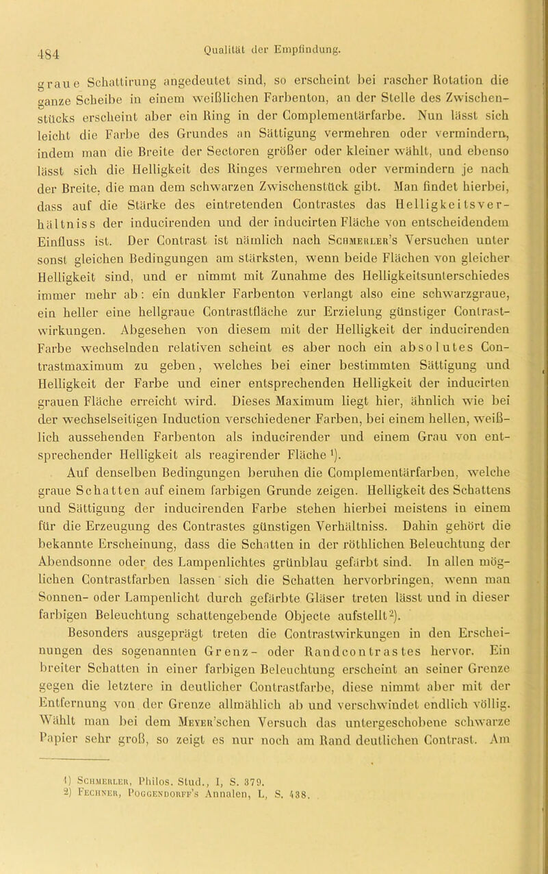graue Schattirung angedeutet sind, so erscheint bei rascher Rotation die oanze Scheibe in einem weißlichen Farbenion, an der Stelle des Zwischen- Stücks erscheint aber ein Ring in der Complementärfarbe. Nun lasst sich leicht die Farbe des Grundes an Sättigung vermehren oder vermindern, indem man die Breite der Sectoren größer oder kleiner wählt, und ebenso lässt sich die Helligkeit des Ringes vermehren oder vermindern je nach der Breite, die man dem schwarzen Zwischenstück gibt. Man findet hierbei, dass auf die Stärke des eintretenden Contrastes das Helligkeitsver- hältnis s der inducirenden und der inducirten Fläche von entscheidendem Einfluss ist. Der Contrast ist nämlich nach Schmerler’s Versuchen unter sonst gleichen Bedingungen am stärksten, wenn beide Flächen von gleicher Helligkeit sind, und er nimmt mit Zunahme des Helligkeitsunterschiedes immer mehr ab: ein dunkler Farbenton verlangt also eine schwarzgraue, ein heller eine hellgraue Contrastfläche zur Erzielung günstiger Conlrast- wirkungen. Abgesehen von diesem mit der Helligkeit der inducirenden Farbe wechselnden relativen scheint es aber noch ein absolutes Con- trastmaximum zu geben, welches bei einer bestimmten Sättigung und Helligkeit der Farbe und einer entsprechenden Helligkeit der inducirten grauen Fläche erreicht wird. Dieses Maximum liegt hier, ähnlich wie bei der wechselseitigen Induction verschiedener Farben, bei einem hellen, weiß- lich aussehenden Farbenton als inducirender und einem Grau von ent- sprechender Helligkeit als reagirender Fläche'). Auf denselben Bedingungen beruhen die Complementärfarben, welche graue Schatten auf einem farbigen Grunde zeigen. Helligkeit des Schattens und Sättigung der inducirenden Farbe stehen hierbei meistens in einem für die Erzeugung des Contrastes günstigen Verhältniss. Dahin gehört die bekannte Erscheinung, dass die Schatten in der röthlichen Beleuchtung der Abendsonne oder des Lampenlichtes grünblau gefärbt sind. In allen mög- lichen Contrastfarben lassen sich die Schatten hervorbringen, wenn man Sonnen- oder Lampenlicht durch gefärbte Gläser treten lässt und in dieser farbigen Beleuchtung schattengebende Objecte aufstellt1 2). Besonders ausgeprägt treten die Contrastwirkungen in den Erschei- nungen des sogenannten Grenz- oder Raudcontrastes hervor. Ein breiter Schatten in einer farbigen Beleuchtung erscheint an seiner Grenze gegen die letztere in deutlicher Contraslfarbe, diese nimmt aber mit der Entfernung von der Grenze allmählich ab und verschwindet endlich völlig. Wählt man bei dem MEVEirschen Versuch das untergeschobene schwarze Papier sehr groß, so zeigt es nur noch am Rand deutlichen Contrast. Am 1) Schmerle», Philos. Stud., I, S. 379. 2) Fechner, Poggendorff’s Annalen, L, S. 438.