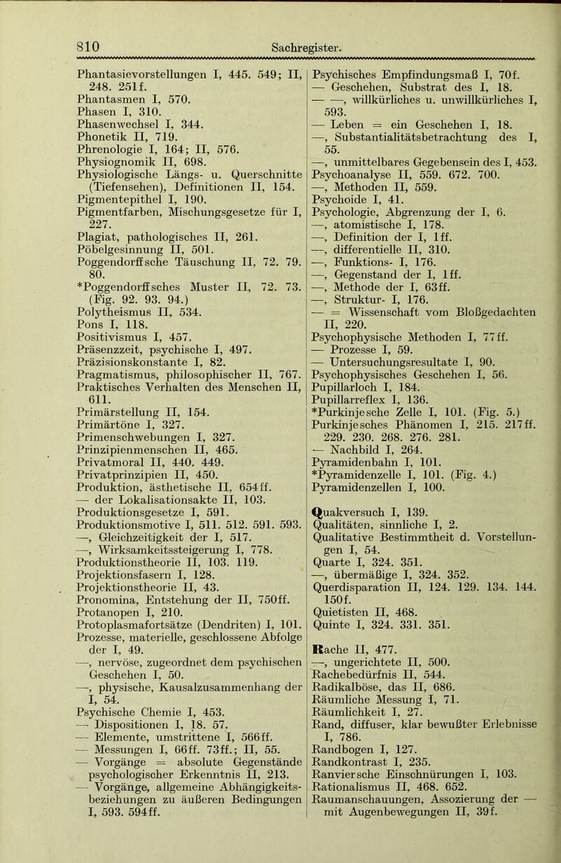 Phantasievorstellungen I, 445. 549; II, 248. 251 f. Phantasmen I, 570. Phasen I, 310. Phasenwechsel I, 344. Phonetik II, 719. Phrenologie I, 164; II, 576. Physiognomik II, 698. Physiologische Längs- u. Querschnitte (Tiefensehen), Definitionen II, 154. Pigmentepithel I, 190. Pigmentfarben, Mischungsgesetze für I, 227. Plagiat, pathologisches II, 261. Pöbelgesinnung II, 501. Poggendorff sehe Täuschung II, 72. 79. 80. *Poggendorffsches Muster II, 72. 73. (Fig. 92. 93. 94.) Polytheismus II, 534. Pons I, 118. Positivismus I, 457. Präsenzzeit, psychische I, 497. Präzisionskonstante I, 82. Pragmatismus, philosophischer II, 767. Praktisches Verhalten des Menschen II, 611. Primärstellung II, 154. Primärtöne I, 327. Primenschwebungen I, 327. Prinzipienmenschen II, 465. Privatmoral II, 440. 449. Privatprinzipien II, 450. Produktion, ästhetische II, 654 ff. — der Lokalisationsakte II, 103. Produktionsgesetze I, 591. Produktionsmotive I, 511. 512. 591. 593. —, Gleichzeitigkeit der I, 517. —, Wirksamkeitssteigerung I, 778. Produktionstheorie II, 103. 119. Projektionsfasern I, 128. Projektionstheorie II, 43. Pronomina, Entstehung der II, 750 ff. Protanopen I, 210. Protoplasmafortsätze (Dendriten) I, 101. Prozesse, materielle, geschlossene Abfolge der I, 49. —, nervöse, zugeordnet dem psychischen Geschehen I, 50. —•, physische, Kausalzusammenhang der I, 54. Psychische Chemie I, 453. — Dispositionen I, 18. 57. — Elemente, umstrittene I, 566 ff. — Messungen I, 66 ff. 73 ff.; II, 55. — Vorgänge = absolute Gegenstände psychologischer Erkenntnis II, 213. — Vorgänge, allgemeine Abhängigkeits- beziehungen zu äußeren Bedingungen I, 593. 594ff. Psychisches Empfindungsmaß I, 70f. — Geschehen, Substrat des I, 18. , willkürliches u. unwillkürliches I, 593. — Leben = ein Geschehen I, 18. —, Substantialitätsbetrachtung des I, 55. —, unmittelbares Gegebensein des I, 453. Psychoanalyse II, 559. 672. 700. —, Methoden II, 559. Psychoide I, 41. Psychologie, Abgrenzung der I, 6. —, atomistische I, 178. —, Definition der I, lff. —, differentielle II, 310. —, Funktions- I, 176. —, Gegenstand der I, lff. —, Methode der I, 63 ff. -—, Struktur- I, 176. — = Wissenschaft vom Bloßgedachten II, 220. Psychophysische Methoden I, 77 ff. — Prozesse I, 59. — Untersuchungsresultate I, 90. Psychophysisches Geschehen I, 56. Pupillarloch I, 184. Pupillarreflex I, 136. *Purkinjesche Zelle I, 101. (Fig. 5.) Purkinjesches Phänomen I, 215. 217ff. 229. 230. 268. 276. 281. — Nachbild I, 264. Pyramidenbahn I, 101. *Pyramidenzelle I, 101. (Fig. 4.) Pyramidenzellen I, 100. Quakversuch I, 139. Qualitäten, sinnliche I, 2. Qualitative Bestimmtheit d. Vorstellun- gen I, 54. Quarte I, 324. 351. —, übermäßige I, 324. 352. Querdisparation II, 124. 129. 134. 144. 150f. Quietisten II, 468. Quinte I, 324. 331. 351. Rache II, 477. —, ungerichtete II, 500. Rachebedürfnis II, 544. Radikalböse, das II, 686. Räumliche Messung I, 71. Räumlichkeit I, 27. Rand, diffuser, klar bewußter Erlebnisse I, 786. Randbogen I, 127. Randkontrast I, 235. Ranviersche Einschnürungen I, 103. Rationalismus II, 468. 652. Raumanschauungen, Assozierung der — mit Augenbewegungen II, 39f.