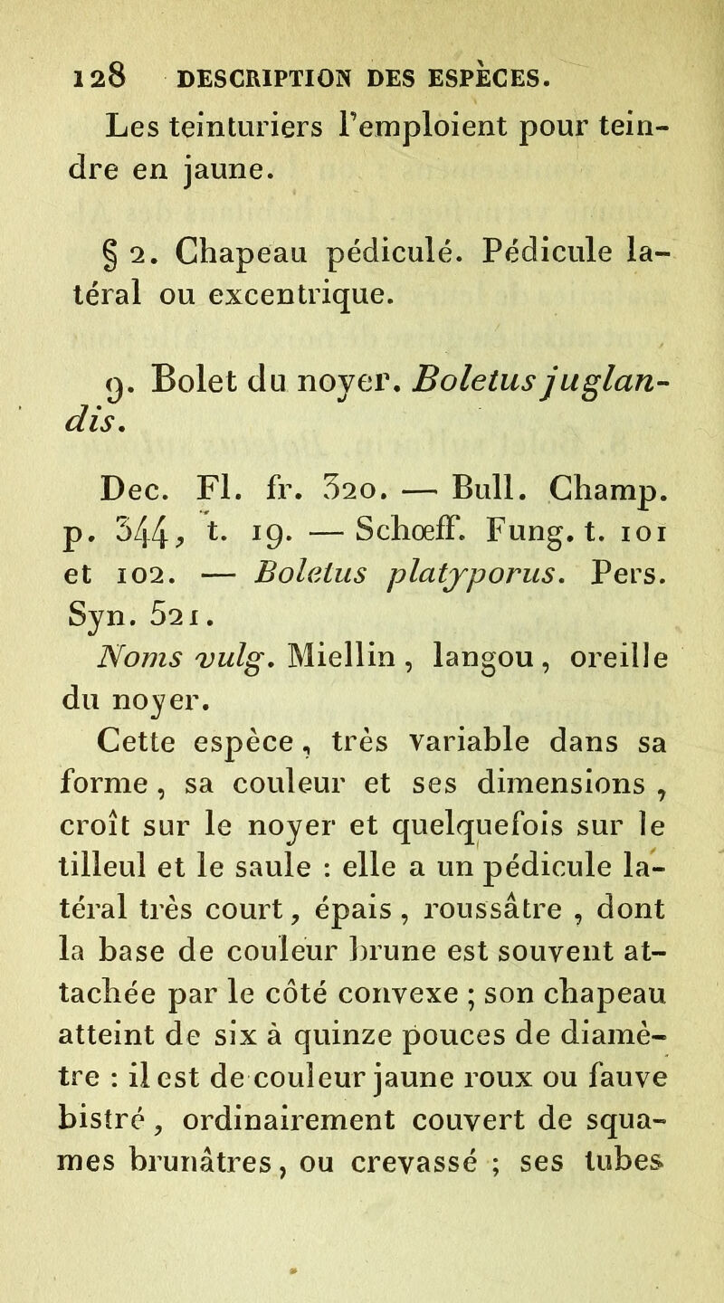 Les teinturiers l’emploient pour tein- dre en jaune. § 2. Chapeau pédiculé. Pédicule la- téral ou excentrique. 9. Bolet du noyer. B oie tus juglan- dis. Dec. Fl. fr. 320. — Bull. Champ, p. 344, t. 19. —Schœff. Fung. t. 101 et 102. — Bolelus platjporus. Pers. Syn. 521. Noms vulg. Miellin , langou , oreille du noyer. Cette espèce, très variable dans sa forme , sa couleur et ses dimensions , croît sur le noyer et quelquefois sur le tilleul et le saule : elle a un pédicule la- téral très court, épais , rous'sâ tre , dont la base de couleur brune est souvent at- tachée par le côté convexe ; son chapeau atteint de six à quinze pouces de diamè- tre : il est de couleur jaune roux ou fauve bistré, ordinairement couvert de squa- mes brunâtres, ou crevassé ; ses tubes