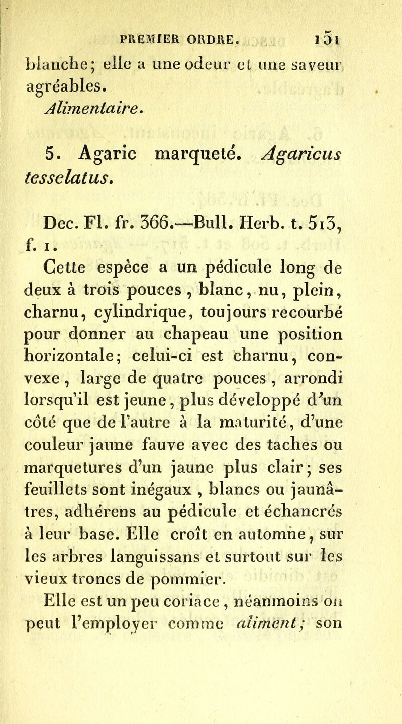 blanche; elle a une odeur et une saveur agréables. Alimentaire. 5. Agaric marqueté. Agaricus tesselatus. Dec. Fl. fr. 366.—Bull. Herb. t. 5i3, f. i. Cette espèce a un pédicule long de deux à trois pouces , blanc, nu, plein, charnu, cylindrique, toujours recourbé pour donner au chapeau une position horizontale; celui-ci est charnu, con- vexe , large de quatre pouces , arrondi lorsqu’il est jeune, plus développé d*un côté que de l’autre à la maturité, d’une couleur jaune fauve avec des taches ou marquetures d’un jaune plus clair; ses feuillets sont inégaux , blancs ou jaunâ- tres, adhérens au pédicule et échancrés à leur base. Elle croît en automne, sur les arbres languissans et surtout sur les vieux troncs de pommier. Elle est un peu coriace , néanmoins on peut l’employer comme aliment; son