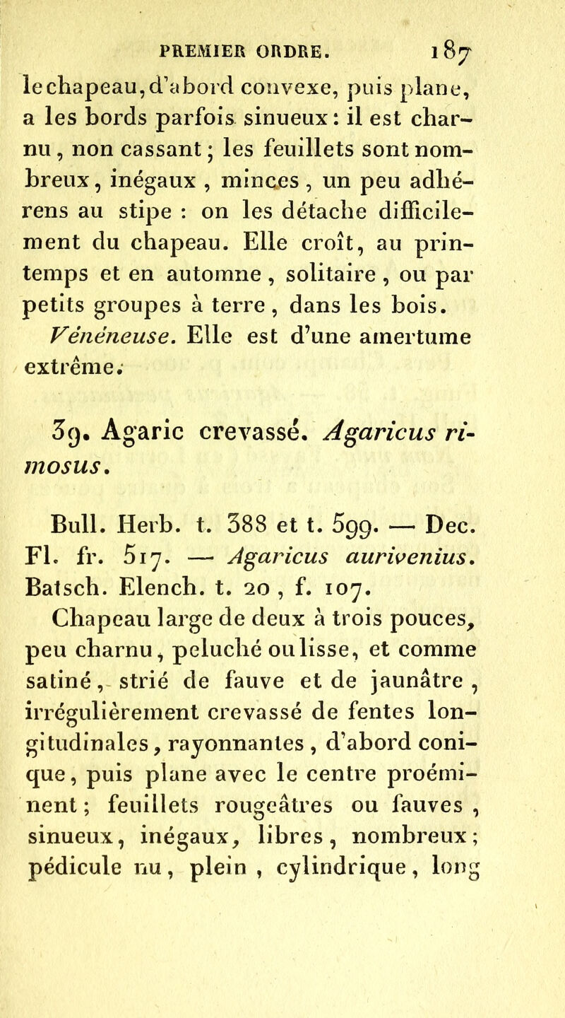 le chapeau, d’abord convexe, puis plane, a les bords parfois sinueux : il est char- nu , non cassant ; les feuillets sont nom- breux, inégaux , minces, un peu adhé- rens au stipe : on les détache difficile- ment du chapeau. Elle croît, au prin- temps et en automne , solitaire , ou par petits groupes à terre, dans les bois. Vénéneuse. Elle est d’une amertume extrême. 3p. Agaric crevassé. Àgaricus ri- mosus. Bull. Herb. t. 388 et t. 599. — Dec. Fl. fr. 517. — Agaricus aurivenius. Batsch. Elench. t. 20 , f. 107. Chapeau large de deux à trois pouces, peu charnu, peluché ou lisse, et comme satiné, strié de fauve et de jaunâtre, irrégulièrement crevassé de fentes lon- gitudinales , rayonnantes , d’abord coni- que , puis plane avec le centre proémi- nent ; feuillets rougeâtres ou fauves, sinueux, inégaux, libres, nombreux; pédicule nu, plein , cylindrique, long