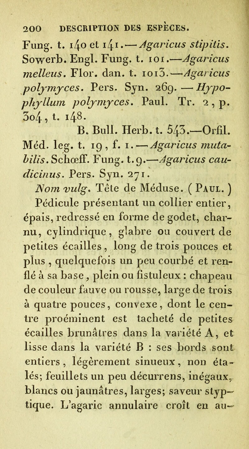 Fung. t. 4o et 1^1.— Agaricus stipitis. Sowerb. Engl. Fung. t. ioi.—Agaricus melleus. Flor. dan. t. ioi3.—Agaricus polymyces. Pers. Syn. 269.—Hypo- phyllum polymyces. Paul. Tr. 2 , p. 3o4, t. i4§. B. Bull. Herb. t. 5^3.—Orfil. Méd. leg. t. 19 , f. 1. — Agaricus muta- bilis. SchœfF. Fung. t.9.—Agaricus cau- dicinus. Pers. Syn. 271. Nom vulg. Tête de Méduse. ( Paul. ) Pédicule présentant un collier entier, épais, redressé en forme de godet, char- nu, cylindrique, glabre ou couvert de petites écailles, long de trois pouces et plus , quelquefois un peu courbé et ren- flé à sa base, plein ou fistuleux : chapeau de couleur fauve ou rousse, large de trois à quatre pouces, convexe, dont le cen- tre proéminent est tacheté de petites écailles brunâtres dans la variété A, et lisse dans la variété B : ses bords sont entiers, légèrement sinueux, non éta- lés; feuillets un peu décurrens, inégaux, blancs ou jaunâtres, larges; saveur styp— tique. L’agaric annulaire croît en au—