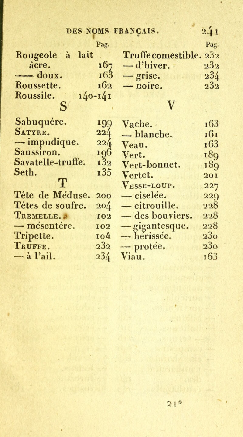 Pag. Rougeole à lait âcre. 167 ——• doux. ib3 Roussette. 162 Roussile. 140-141 s Sabuquère. 199 Satyre. 224 •—• impudique. 224 Saussiron. 196 Savatelle-truffe. i32 Seth. i35 T Tête de Méduse. 200 Têtes de soufre. 204 Tremelle.* 102 — mésentère. 102 Tripette. ioâ Truffe. 232 —■ à l’ail. 234 Pag- Truffe comestible. 23-2 — d’hiver. 232 — grise. 234 — noire. 232 V Vache. i63 — blanche. 161 Veau. i63 Vert. 189 Vert-bonnet. 189 Vertet. 201 Vesse-lqup. 227 —■ ciselée. 229 — citrouille. 228 — des bouviers. 228 — gigantesque. 228 — hérissée. 23o — protée. 23o Viau. i63 21°