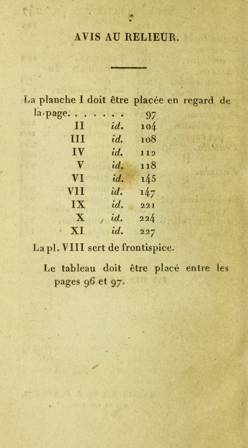 AVIS AU RELIEUR. La planche I doit être placée en regard de la.page . 97 II id. loi III id. 108 IV id. 112 y id. 118 VI id. i45 VII id. 47 IX id. 221 X z id. 224 XI id. 227 La pl. VIII sert de frontispice. Le tableau doit être placé entre les pages 96 et 97.