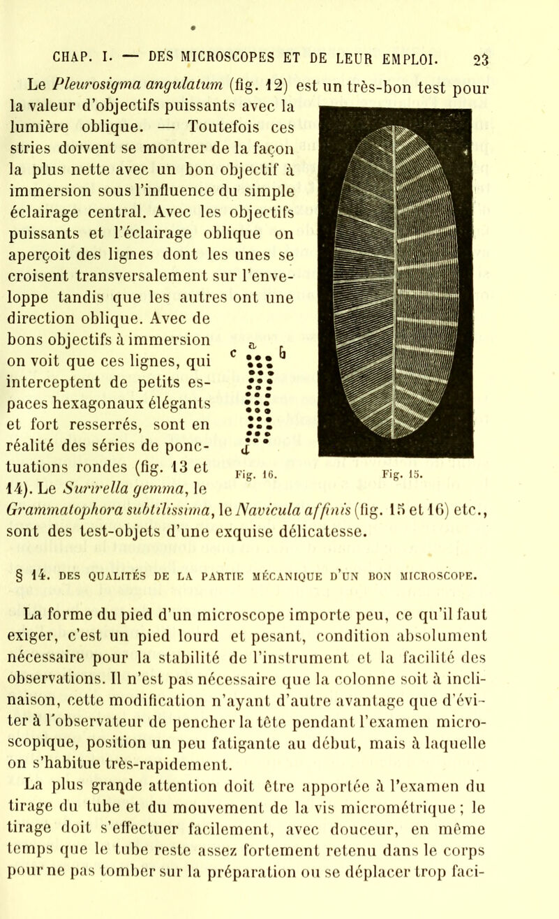 Le Pleurosigma angulatum (fig. 12) est un très-bon test pour la valeur d’objectifs puissants avec la lumière oblique. — Toutefois ces stries doivent se montrer de la façon la plus nette avec un bon objectif à. immersion sous l’influence du simple éclairage central. Avec les objectifs puissants et l’éclairage oblique on aperçoit des lignes dont les unes se croisent transversalement sur l’enve- loppe tandis que les autres ont une direction oblique. Avec de bons objectifs à immersion a on voit que ces lignes, qui c Itî b interceptent de petits es- ••• paces hexagonaux élégants • • • et fort resserrés, sont en lll réalité des séries de ponc- Ja* tuations rondes (fig. 13 et F1 16 14). Le Surirella gemma, le Grammatophora subtilissima, le Navicula affinis (fig. 15 et 16) etc., sont des test-objets d’une exquise délicatesse. § 14. DES QUALITÉS DE LA PARTIE MÉCANIQUE d’üN BON MICROSCOPE. La forme du pied d’un microscope importe peu, ce qu’il faut exiger, c’est un pied lourd et pesant, condition absolument nécessaire pour la stabilité de l’instrument et la facilité des observations. Il n’est pas nécessaire que la colonne soit incli- naison, cette modification n’ayant d’autre avantage que d’évi- ter à l'observateur de pencher la tète pendant l’examen micro- scopique, position un peu fatigante au début, mais à laquelle on s’habitue très-rapidement. La plus graqde attention doit être apportée à l’examen du tirage du tube et du mouvement de la vis micrométrique; le tirage doit s’effectuer facilement, avec douceur, en meme temps que le tube reste assez fortement retenu dans le corps pour ne pas tomber sur la préparation ou se déplacer trop faci-