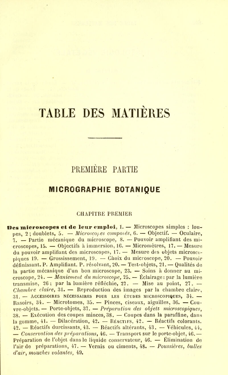 TABLE DES MATIERES PREMIÈRE PARTIE MICROGRAPHIE BOTANIQUE CHAPITRE PREMIER Mes microscopes et «1e leur emploi, 1. — Microscopes simples : lou- pes, 2; doublets, 5. — Microscopes composés, 6. — Objectif. — Oculaire, 7. _ partie mécanique du microscope, 8. — Pouvoir amplifiant des mi- croscopes, 15. — Objectifs à immersion, 16. — Micromètres, 17. — Mesure du pouvoir amplifiant des microscopes, 17. — Mesure des objets microsco- piques 19. — Grossissement, 19. — Choix du microscope, 20. — Pouvoir définissant. P. Amplifiant. P. résolvant, 20. — Test-objets, 21. — Qualités de la partie mécanique d’un bon microscope, 23. — Soins à donner au mi- croscope, 24. — Maniement du microscope, 25. — Éclairage: par la lumière transmise, 26; par la lumière réfléchie, 27. — Mise au point, 27. — Chambre claire, 31. — Reproduction des images par la chambre claire, ,31. — Accessoires nécessaires pour les études microscopiques, 34. — Rasoirs, 34. — Microtomes, 35. — Pinces, ciseaux, aiguilles, 36. — Cou- vre-objets.— Porte-objets, 37. — Préparution des objets microscopiques, 38. — Exécution des coupes minces, 38. — Coupes dans la paraffine, dans la gomme, 41. — Dilacération, 42. — Réactifs, 42. — Réactifs colorants. 42. — Réactifs durcissants, 43. — Réactifs altérants, 43. — Véhicules, 44, — Conservation des préparations, 46. — Transport sur le porte-objet, 46.— Préparation de l’objet dans le liquide conservateur, 46. — Élimination de l’air de préparations, 47. — Vernis ou ciments, 48. — Poussières, bulles d’air, mouches volantes, 49.