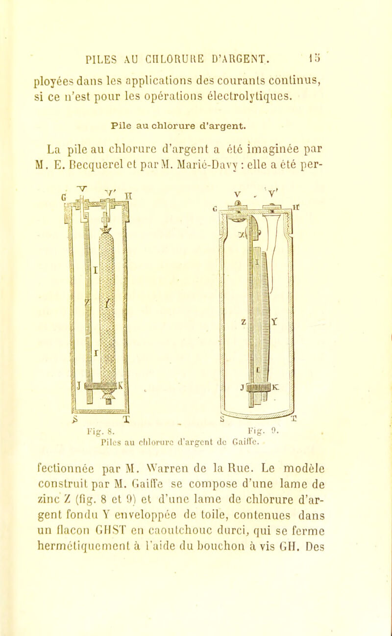 PILES AU CIILORUllE D'ARGENT. Ib ' ployées dans les applications des couranis continus, si ce n'est pour les opérations électrolytiques. Pile au chlorure d'argent. La pile au chlorure d'argent a été imaginée par M. E. Becquerel et par M. Maric-Davy : elle a été per- Vig. s. _ Kig. 0. Piles au olilorurc d'argent de Gaillc. fectionnce par M. Warren de la Rue. Le modèle construit par M. GailTe se compose d'une lame de zinc Z (fig. 8 et 9) et d'une lame de chlorure d'ar- gent fondu Y enveloppée de toile, contenues dans un flacon CiHST en caoulchouc durci, qui se ferme hermétiquement à laide du bouchon à vis GH. Des