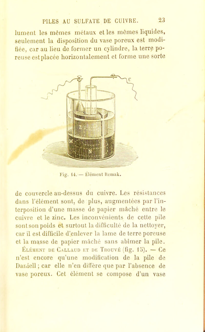 lumeat les mômes métaux et les mûmes liquides, seulement la disposition du vase poreux est modi- fiée, car au lieu de former un cylindre, la terre po- reuse est placée horizontalement et l'orme une sorte Fig. 14. — Élément Ucraak, de couvercle au-dessus du cuivre. Les résistances dans l'élément sont, de plus, augmentées par l'in- terposition d'une masse de papier mâché entre le cuivre et le zinc. Les inconvénients de cette pile sontsonpoids et surtout la difficulté de la nettoyer, car il est difficile d'enlever la lame de terre poreuse et la masse de papier mâché sans abîmer la pile. Élément de Callaud kt Dii Trouvé (fig. 15). — Ce n'est encore qu'une modification de la pile de Daràell ; car elle n'en dilfère que par l'absence de vase poreux. Cet élément se compose d'un vase