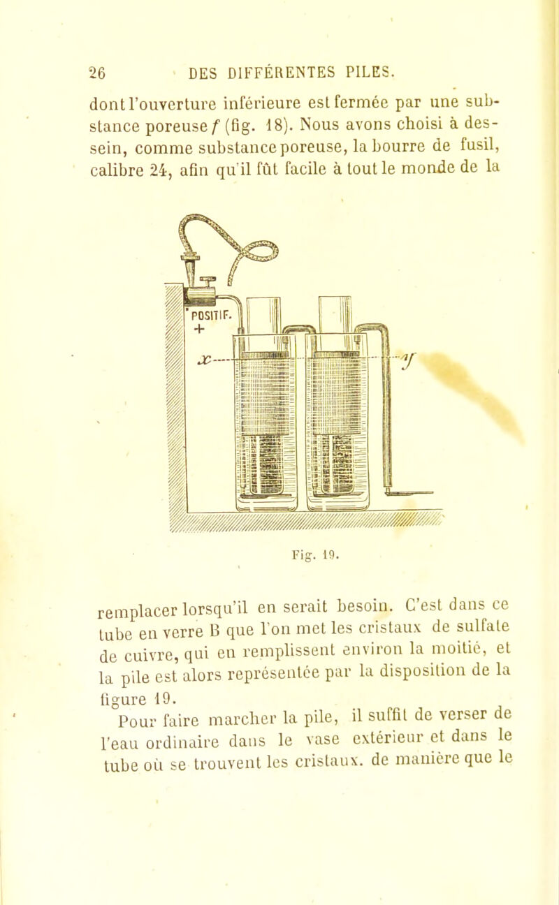 dont l'ouverture inférieure est fermée par une sub- stance poreuse/' (fig. 18). Nous avons choisi à des- sein, comme substance poreuse, la bourre de fusil, calibre 24, afin qu'il fût facile à tout le monde de la Fig. 10. remplacer lorsqu'il en serait besoin. C'est dans ce Lube en verre B que l'on met les cristaux de sulfate de cuivre, qui en remplissent environ la moitié, et la pile est alors représentée par la disposition de la figure 19. Pour faire marcher la p'ile, il suffit de verser de l'eau ordinaire dans le vase extérieur et dans le lube où se trouvent les cristaux, de manière que le