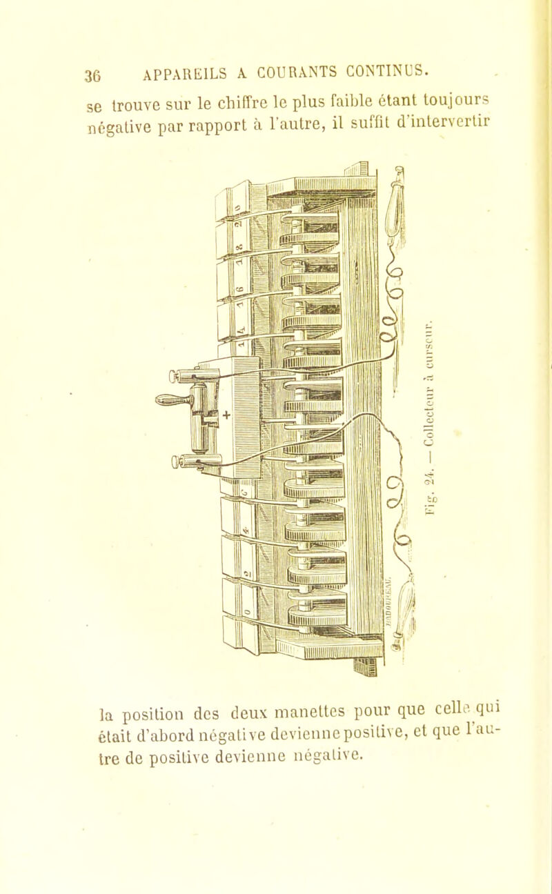 se trouve sur le chiffre le plus faible étant toujours négative par rapport à l'autre, il suffit d'intervertir la position des deux manettes pour que cello qui était d'abord négative devienne positive, et que l'au- tre de positive devienne négative.