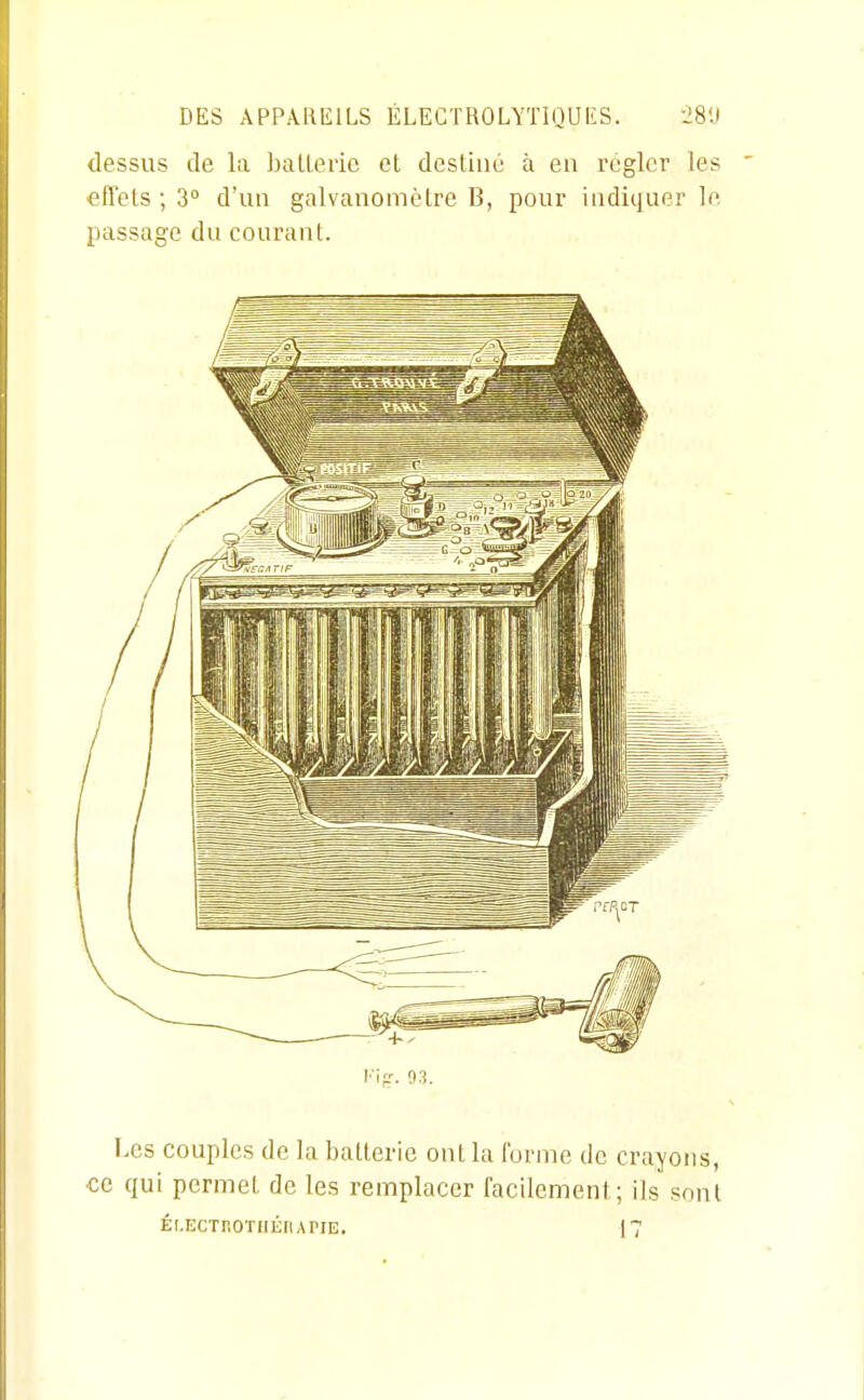 dessus de la batleric et destiné à en régler les effets ; 3° d'un galvanomètre B, pour indiquer le passage du courant. Kig-. 93. Les couples de la batterie ont la Ibrme de crayons, ce qui permet de les remplacer facilement; ils sont