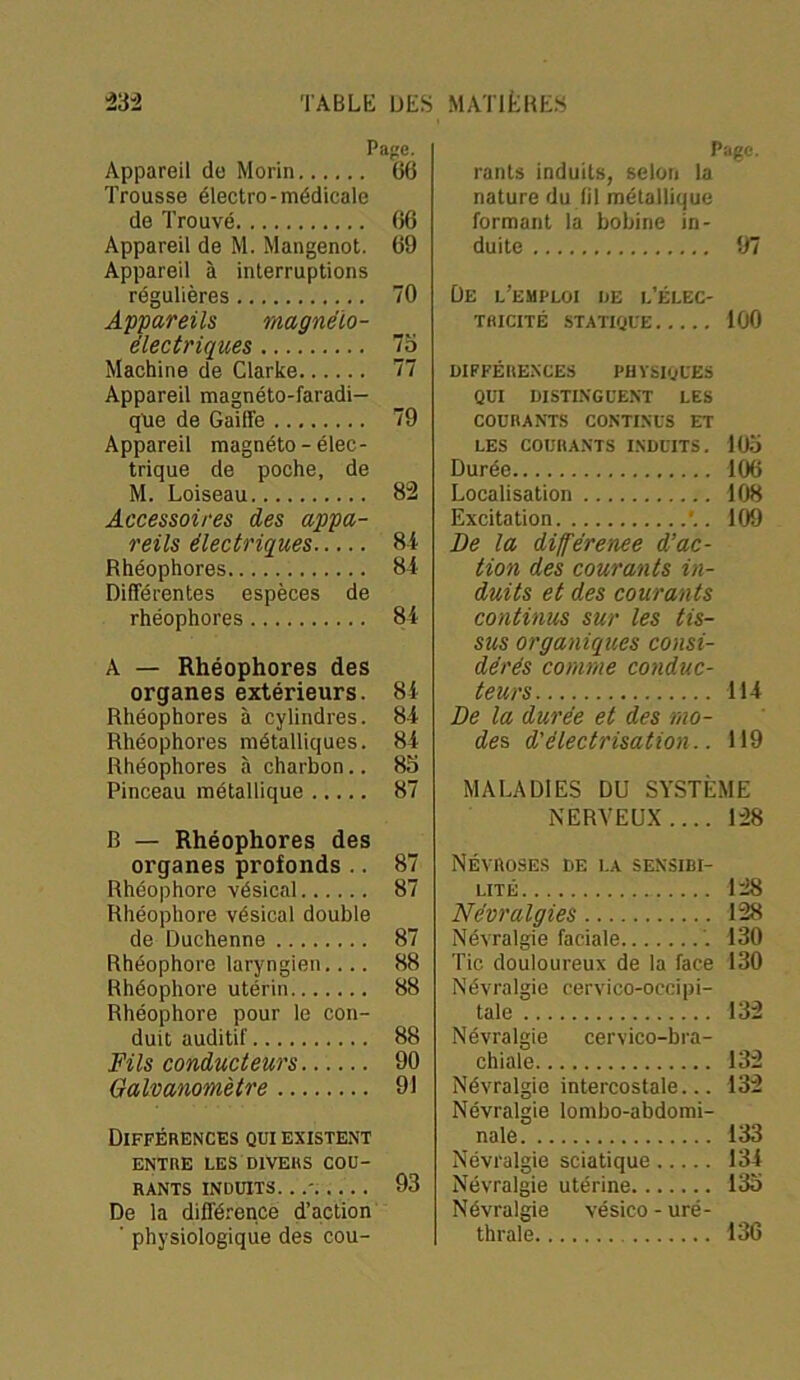 Page. Appareil de Morin 66 Trousse électro-médicale de Trouvé 66 Appareil de M. Mangenot. 69 Appareil à interruptions régulières 70 Appareils magnéio- ëlectriques 75 Machine de Clarke 77 Appareil magnéto-faradi- que de Gaiffe 79 Appareil magnéto - élec- trique de poche, de M. Loiseau 82 Accessoires des appa- reils électriques 84 Rhéophores 84 Différentes espèces de rhéophores 84 A — Rhéophores des organes extérieurs. 84 Rhéophores à cylindres. 84 Rhéophores métalliques. 84 Rhéophores à charbon.. 85 Pinceau métallique 87 B — Rhéophores des organes profonds .. 87 Rhéophore vésical 87 Rhéophore vésical double de Duchenne 87 Rhéophore laryngien.... 88 Rhéophore utérin 88 Rhéophore pour le con- duit auditif 88 Fils conducteurs 90 Galvanomètre 91 Différences qui existent ENTRE LES DIVERS COU- RANTS INDUITS. .. 93 De la différence d’action ' physiologique des cou- rants induits, selon la nature du fil métallique formant la bobine in- duite 97 De l’emploi de l’élec- tricité STATIQUE 100 DIFFÉRENCES PHYSIQUES QUI DISTINGUENT LES COURANTS CONTINUS ET LES COURANTS INDUITS. 105 Durée 106 Localisation 108 Excitation ’.. 109 De la différence d’ac- tion des courants in- duits et des courants continus sur les tis- sus organiques consi- dérés comme conduc- teurs 114 De la durée et des mo- des, d'électrisation.. 119 MALADIES DU SYSTÈME NERVEUX.... 128 Névroses de la sensibi- lité 128 Névralgies 128 Névralgie faciale 130 Tic douloureux de la face 130 Névralgie cervico-occipi- tale 132 Névralgie cervico-bra- chiale 132 Névralgie intercostale... 132 Névralgie lombo-abdomi- nale 133 Névralgie sciatique 134 Névralgie utérine 135 Névralgie vésico - uré- thrale 136