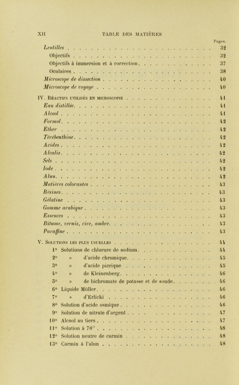 l’ilgos. Lentilles Objectifs .‘12 Objectifs à immersion et à correction 37 Oculaires 38 Microscope de dissection 40 Microscope de voyage 40 IV. Réactifs utilisés en microscopie 41 Eau distillée 41 Alcool 41 Formol 42 Ether 42 Térébenthine 42 Acides 42 Alcalis 42 Sels 42 Iode 42 Alun 42 Matières colorantes 43 Résines 43 Gélatine 43 Gomme arabique 43 Essences 43 Bitume, vernis, cire, ambre 43 Par affine 43 V. Solutions les plus usuelles . 44 1° Solutions de chlorure de sodium 44 20 » d’acide chromique 45 30 » d’acide picrique 45 40 » de Kleinenberg 46 50 » de bichromate de potasse et de soude 46 60 Liquide Millier 46 70 » d’Erlicki 46 80 Solution d’acide osmique 46 90 Solution de nitrate d’argent 47 100 Alcool au tiers 47 110 Solution à 70° 48 120 Solution neutre de carmin 48 130 Carmin à l’alun 48