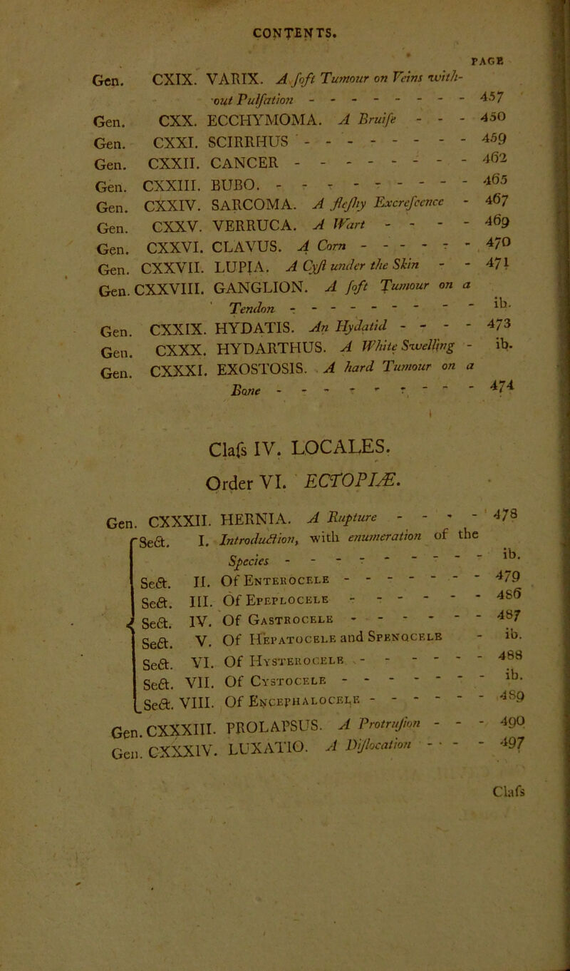 Gen. • CXIX. VARIX. A.foft Tumour on Veins ivith- PAGE Gen. out Tulfation ------- CXX. ECCHYMOMA. A Bruife - - - 4.57 - 450 Gen. CXXI. SCIRRHUS ------ - Gen. CXXII. CANCER - - Gen. CXXIII. BUBO. - - T Gen. CXXIV. SARCOMA. A flejhy Excrefccnce - 467 Gen. CXXV. VERRUCA. A IVurt - - - - 469 Gen. CXXVI. CLAVUS. A Com - - - - r Gen. CXXVII. LUPIA. A Cx/i under t/ie Skin - - 471 Gen. CXXVIII. GANGLION. A foft Tumour on a Gen. Tendon - -- -- -- CXXIX. HYDATIS. An Hydatid - - - - 473 Gen. CXXX. HYDARTHUS. A White S-welling ib. Gen. CXXXI. EXOSTOSIS. A hard Tumour on a Bone ----'r- - 474 t Clafs IV. LOCALES. Order VI. ECTOPIJE. Gen. CXXXII. HERNIA. J Rupture - - . - ' 'Sea, I. Introduakv, with enumeratton of the Species - - - r* Sea. II. OfENTEKOCELE  Sea. III. OfEPEPLOCELE ------ 4 Sea. IV. Of Gastbocele Sea. V. Of Hepatocele and SPKNQCKI.E Sea. VI. Of Hystekooelb Sea. VII. Of Cystocele Sea. VIII. Of £isCephalocei,e Gen CXXXIII. PROLAPSUS. A Protrujion - - - Gen. CXXXIY. LUXATIO. A Dljlocathu - • - - 47s ib. 479 4S6 487 ib. 488 ib. 4 89 490 m Clafs