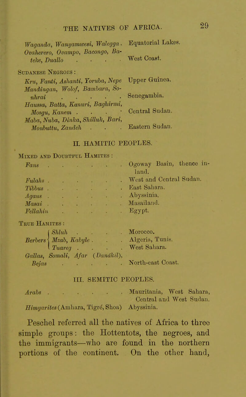 Waganda, Wanyamwesi, Walegga . Equatorial Lakes. Ovaherero, Ooampo, Bacongo, Ba- teke,Duallo .... West Coast. Sudanese Negroes : Kru, Fanti, Aslianti, Yoruba, Nepe Upper Guinea. Mandingan, Wolof, Bambara, So- nhrai Senegambia. Haussa, Batta, Kanuri, Baglrirmi, Mosgu, Kanem . Central Sudan. Maba, Nuba, Dinlca, Shillulc, Bari, Monbuttu, Zandeh . . . Eastern Sudan. II. HAMITIC PEOPLES. Mixed and Doubtful Hamites : Fans . . ... Ogoway Basin, thence in- Fulahs . Tibbus . Agaus Masai . Felldhiu True Hamites j Shluh . Berbers \ Mzab, Kabyle . I Tuareg . Oallas, Somali, Afar (Dandled) Bejas .... land. West and Central Sudan. East Sahara. Abyssinia. Masailand. Egypt. Morocco. Algeria, Tunis. West Sahara. North-east Coast. III. SEMITIC PEOPLES. Arabs Mauritania, West Sahara, Central and West Sudan. Eimyarites (Amliara, Tigre, Shoa) Abyssinia. Peschel referred all the natives of Africa to three simple groups: the Hottentots, the negroes, and the immigrants—who are found in the northern portions of the continent. On the other hand,