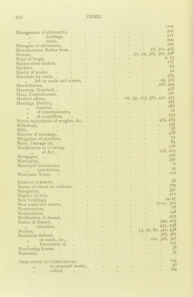 Management of allotments, „ holdings, ,, roads, Managers of allotments. Manufactories, Refuse from. Manure, Maps of burgh. Marine store dealers, Markets, Master of works. Materials for roads, . „ left on roads and streets, Maxwelltown, Measures, Standard, . Meat, Unwholesome, Medical officer. Meetings, District, . „ General, . „ of commissioners, „ of councillors, Metric equivalents of weights, c&c, Milkshops, Mills, Minutes of meetings, Mitigation of penalties. Mobs, Damage by, . Modification as to rating, ,, of Act, . Mortgages, Mortuaries, Municipal boundaries, ,, jurisdiction. Musicians, Street, Naming streets, . Names of owner on vehicles. Navigation, . Neglect of duty. New buildings. New roads and streets, Newsvendors, Nominations, Notification of disease. Notice of disease, ,, valuation, . Notices, Nuisances defined, . „ on roads, &c., „ Prevention of, Numbering houses, . Nurseries, Objections to Complaints, „ to proposed works ,, voters, 31. 34 33> i73i 13' - 385. I'AGE 221 217 290 222 58, 391, 405 , 325. 390. 398 6, 53 117 69 52 323 49. 325 368, 445 456 391 422, 423 287 287 16 179 459. 463 352 318 79 85 176 2x8, 219 320 396 6 14 102 38 329 391 412 44-47 39-41, 300 68 148 422 349. 423 431, 438 56, 87, 431. 438 326, 387 loi. 326, 327 101 38 35 124 56 . 164