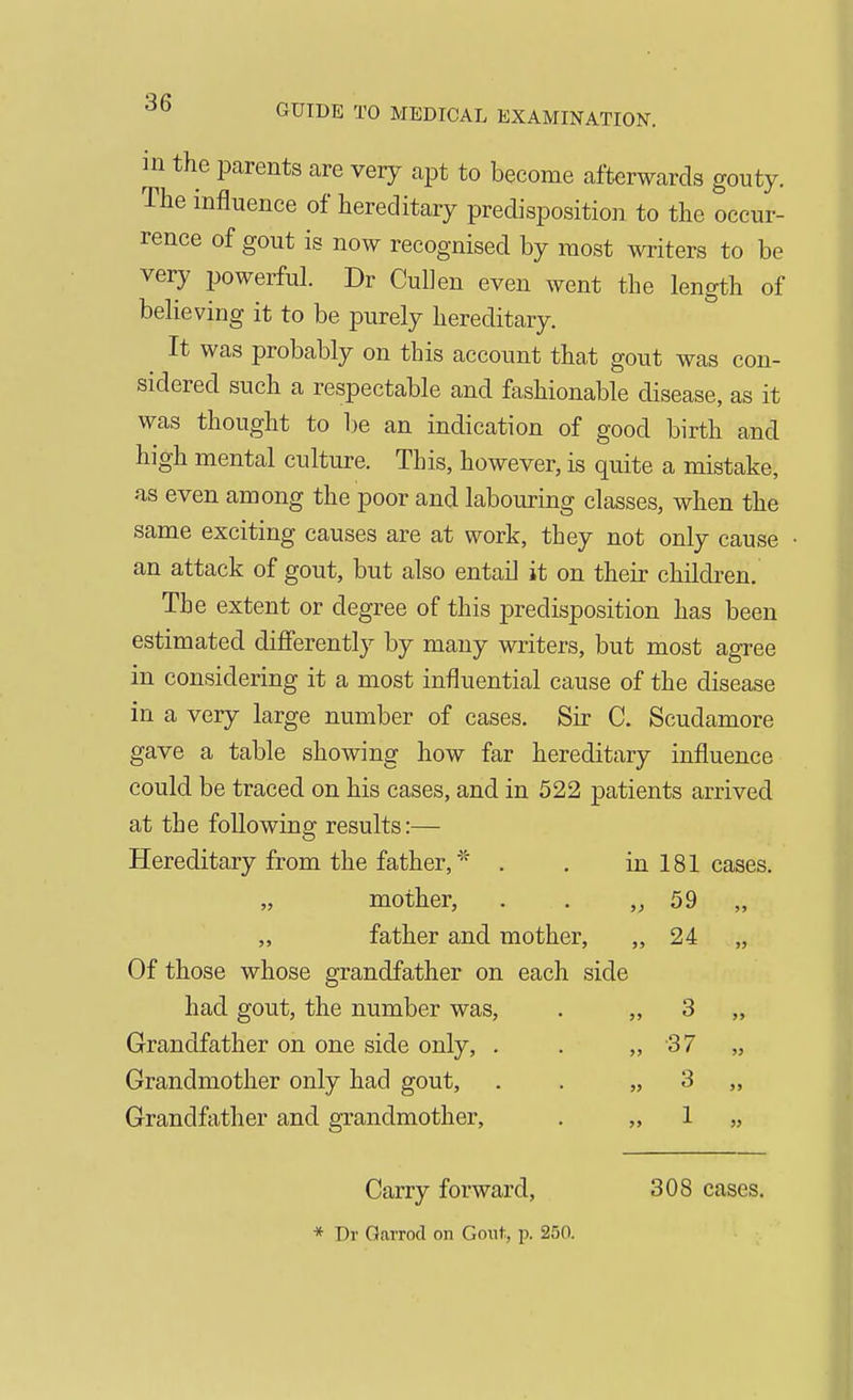 in the parents are very apt to become afterwards gouty. The influence of hereditary predisposition to the occur- rence of gout is now recognised by most writers to be very powerful. Dr CuUen even went the length of believing it to be purely hereditary. ^ It was probably on this account that gout was con- sidered such a respectable and fashionable disease, as it was thought to l:)e an indication of good birth and high mental culture. This, however, is quite a mistake, as even among the poor and labouring classes, when the same exciting causes are at work, they not only cause an attack of gout, but also entail it on their children. The extent or degree of this predisposition has been estimated differently by many writers, but most agree in considering it a most influential cause of the disease in a very large number of cases. Sir C. Scudamore gave a table showing how far hereditary influence could be traced on his cases, and in 522 patients arrived at the following results:— Hereditary from the father,. . in 181 cases. „ mother, . . „ 59 „ ,, father and mother, „ 24 „ Of those whose grandfather on each side had gout, the number was, . „ 3 „ Grandfather on one side only, . . „ 37 „ Grandmother only had gout, . . „ 3 „ Grandfather and grandmother, . „ 1 „ Carry forward, * Dr QaiTod on Gout, p. 250. 308 cases.