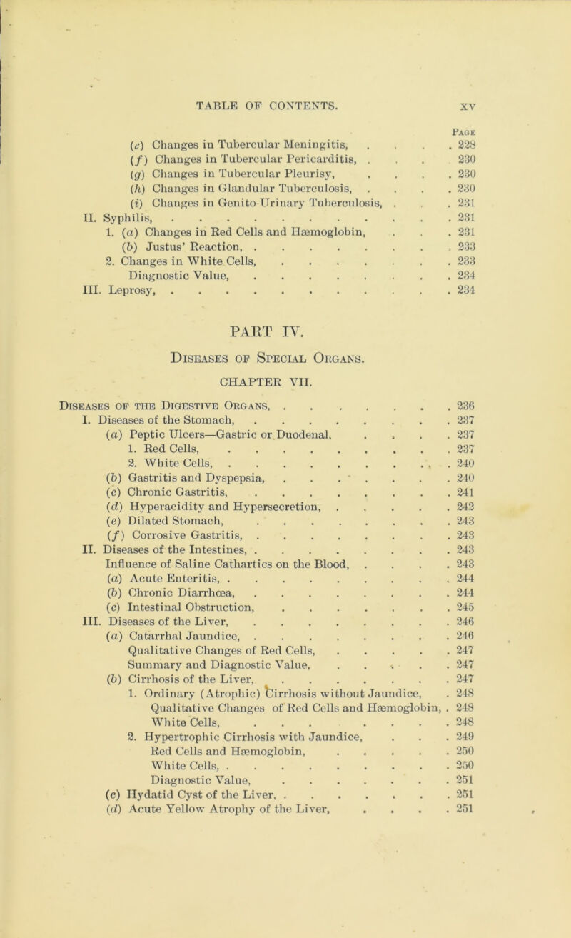 Page {e) Changes in Tubercular Meningitis, .... 228 (/) Changes in Tubercular Pericarditis, . . 230 (g) Changes in Tubercular Pleurisy, .... 230 (/i) Changes in Glandular Tuberculosis 230 (i) Changes in Genito-Urinary Tuberculosis, . . 231 II. Syphilis, 231 1. (a) Changes in Red Cells and Haemoglobin, . . . 231 (h) Justus’ Reaction, 233 2. Changes in White Cells, ....... 233 Diagnostic Value 234 III. Leprosy, 234 PAET lY. Diseases of Special Opgans. CHAPTER VII. Diseases op the Digestive Organs, 236 I. Diseases of the Stomach 237 (а) Peptic Ulcers—Gastric or Duodenal, .... 237 1. Red Cells, 237 2. White Cells, . . . . 240 (б) Gastritis and Dyspepsia, . . . ' . . . . 240 (c) Chronic Gastritis, 241 (d) Hyperacidity and Hypersecretion, 242 (e) Dilated Stomach, 243 (/) Corrosive Gastritis, 243 II. Diseases of the Intestines 243 Influence of Saline Cathartics on the Blood 243 (а) Acute Enteritis, 244 (б) Chronic Diarrhoea, 244 (c) Intestinal Obstruction, 245 III. Diseases of tbe Liver 246 (а) Catarrhal Jaundice, ........ 246 Qualitative Changes of Red Cells 247 Summary and Diagnostic Value, . . . . . 247 (б) Cirrhosis of the Liver, 247 1. Ordinary (Atrophic) birrhosis without Jaundice, . 24S Qualitative Changes of Red Cells and Hgemoglobin, . 248 White Cells, . . . . . . .248 2. Hypertrophic Cirrhosis with Jaundice, . . . 249 Red Cells and Haemoglobin, 250 White Cells 250 Diagnostic Value, 251 (c) Hydatid Cyst of the Liver 251 (d) Acute Yellow Atrophy of the Liver, .... 251