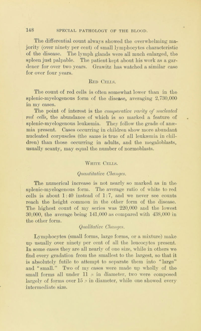 The differential count always showed the overwhelming nia- jorit}^ (over ninety per cent) of small lymphocytes characteristic of the disease. The lymph glands were all much enlarged, the spleen just palpable. The patient kept about his work as a gar- dener for over two years. Grawitz has watched a similar case for over four years. K]:d Celt.s. The count of red cells is often somewhat lower than in the splenic-myelogenous form of the disease, averaging 2,730,000 in my cases. The point of interest is the comparative rarity of nucleated red, cells, the abundance of which is so marked a feature of splenic-myelogenous leukaemia. They follow the grade of auae- mia present. Cases occurring in children show more abundant nucleated corpuscles (the same is true of all leukaemia in chil- dren) than those occurring in adults, and the megaloblasts,. usuall}^ scanty, may equal the number of normoblasts. White Cells. Quantitative Chan yes. The numerical increase is not nearly so marked, as in the splenic-myelogenous form. The average ratio of white to red cells is about 1; 40 instead of 1:7, and we never see counts reach the height common in the other form of the disease. The highest count of my series was 220,000 and the lowest 30,000, the average being 141,000 as compared with 438,000 in the other form. Qucditative Chan yes. Lyni])hocytes (small forms, large forms, or a mixture) make uj) usually over ninety per cent of all the leucocytes present. In some cases they are all nearly of one size, while in others we find every gradation from the smallest to the largest, so that it is absolutely futile to attempt to seiiarate them into “large” and “small.” Two of my cases were made up Avholly of the small forms all under 11 i>- in diameter, two Avere composed largely of forms over 15 a in diameter, while one showed every intermediate size.