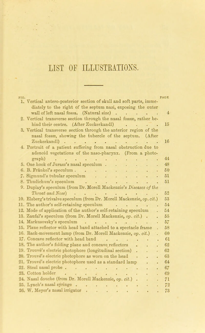 FIG. PAGE 1. Vertical antero-posterior section of skull and soft parts, imme- diately to the right of the septum nasi, exposing the outer wall of left nasal fossa. (Natural size) 4 2. Vertical transverse section through the nasal fossae, rather be- hind their centre. (After Zuckerkandl) .... 15 3. Vertical transverse section through the anterior region of the nasal fossae, showing the tubercle of the septum. (After Zuckerkandl) 16 4. Portrait of a patient suffering from nasal obstruction due to adenoid vegetations of the naso-pharynx. (From a photo- graph) 44 5. One hook of Jurasz’s nasal speculum 48 6. B. Frankel’s speculum 50 7. Sigmund’s tubular speculum 51 8. Thudichum’s speculum 51 9. Duplay’s speculum (from Dr. Morell Mackenzie’s Diseases of the Throat and Nose) 52 10. Elsberg’s trivalve speculum (from Dr. Morell Mackenzie, op. cit.) 53 11. The author’s self-retaining speculum 54 12. Mode of application of the author’s self-retaining speculum . £4 13. Zaufal’s speculum (from Dr. Morell Mackenzie, op. cit.) . . 55 14. Markusovsky’s speculum 57 15. Plane reflector with head band attached to a spectacle frame . 58 16. Rack-movement lamp (from Dr. Morell Mackenzie, op. cit.) . 60 17. Concave reflector with head band 61 18. The author’s folding plane and concave.reflectors ... 62 19. Trouve’s electric photophore (longitudinal section) ... 62 20. Trouve’a electric photophore as worn on the head ... 63 21. Trouve’s electric photophore used as a standard lamp . . 64 22. Steel nasal probe 67 23. Cotton holder 69 24. Nasal douche (from Dr. Morell Mackenzie, op. cit.) . . .71 25. Lynch’s nasal syringe 72