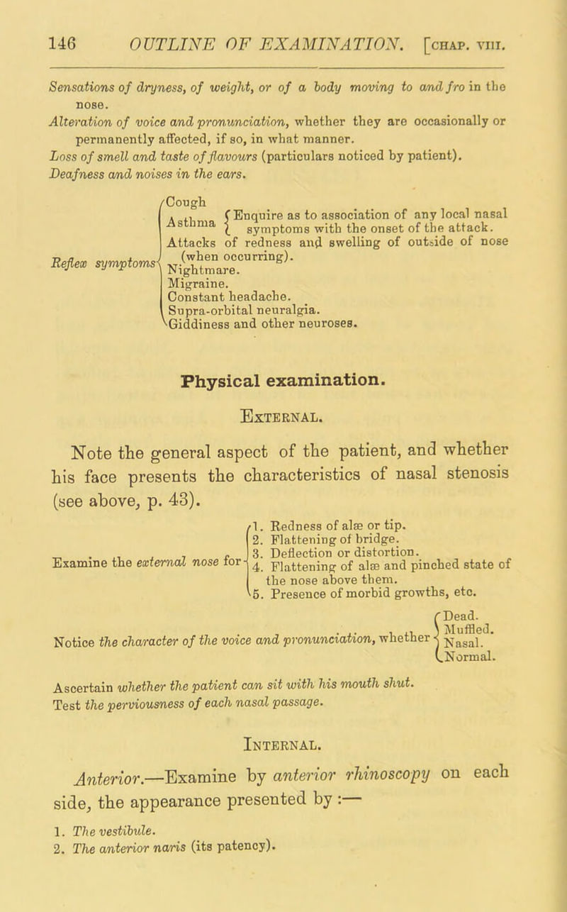 Sensations of dryness, of weight, or of a body moving to and f ro in tlio nose. Alteration of voice and pronunciation, whether they are occasionally or permanently affected, if so, in what manner. Loss of smell and taste of flavours (particulars noticed by patient). Deafness and noises in the ears. /Cough . C Enquire as to association of any local nasal Astnma | symptoms with the onset of the attack. of redness an(l swelling of outside of nose Reflex symptoms< Attacks (when occurring). Nightmare. Migraine. Constant headache. Supra-orbital neuralgia. '-Giddiness and other neuroses. Physical examination. External. Note the general aspect of the patient, and whether his face presents the characteristics of nasal stenosis (see above, p. 43). /I. Redness of alae or tip. 2. Flattening of bridge. _ . , , » 3. Deflection or distortion. Examine the external nose torH 4 flattening of alse and pinched state of the nose above them. '5. Presence of morbid growths, etc. Notice the character of the voice and pronunciation, whether Dead. Muffled. Nasal. .Normal. Ascertain whether the patient can sit with his mouth shut. Test the perviousness of each nasal passage. Internal. Anterior.—Examine by anterior rhinoscopy on each side, the appearance presented by : 1. The vestibule. 2. The anterior naris (its patency).