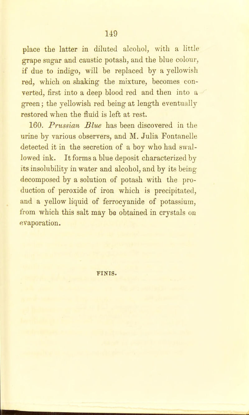 place the latter in diluted alcohol, with a little grape sugar and caustic potash, and the blue colour, if due to indigo, will be replaced by a yellowish red, which on shaking the mixture, becomes con- verted, first into a deep blood red and then into a green; the yellowish red being at length eventually restored when the fluid is left at rest. 160. Prussian Blue has been discovered in the urine by various observers, and M. Julia Fontanelle detected it in the secretion of a boy who had swal- lowed ink. It forms a blue deposit characterized by its insolubility in water and alcohol, and by its being decomposed by a solution of potash with the pro- duction of peroxide of iron which is precipitated, and a yellow liquid of ferrocyanide of potassium, from which this salt may be obtained in crystals on evaporation. FINIS.