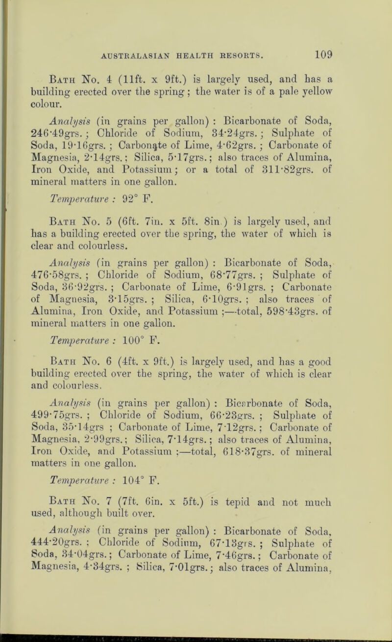 Bath No. 4 (lift, x 9ft.) is largely used, and has a building erected over the spring; the water is of a pale yellow colour. Analysis (in grains per gallon) : Bicarbonate of Soda, 246‘49grs.; Chloride of Sodium, 34-24grs.; Sulphate of Soda, 19-16grs. ; Carbonate of Lime, 4-62grs. ; Carbonate of Magnesia, 2-14grs.; Silica, 5'17grs.; also traces of Alumina, Iron Oxide, and Potassium; or a total of 311-82grs. of mineral matters in one gallon. Temperature : 92° F. Bath No. 5 (6ft. 7in. x 5ft. Sin ) is largely used, and has a building erected over the spring, the water of which is clear and colourless. Analysis (in grains per gallon) : Bicarbonate of Soda, 476'58grs. ; Chloride of Sodium, 68‘77grs. ; Sulphate of Soda, 36'92grs. ; Carbonate of Lime, 6'91grs. ; Carbonate of Magnesia, 3-15grs. ; Silica, 6‘lOgrs. ; also traces of Alumina, Iron Oxide, and Potassium ;—total, 598-43grs. of mineral matters in one gallon. Temperature : 100° F. Bath No. 6 (4ft. x 9ft.) is largely used, and has a good building erected over the spring, the water of which is clear and colourless. Analysis (in grains per gallon) : Bicarbonate of Soda, 499-75grs. ; Chloride of Sodium, 66'23grs. ; Sulphate of Soda, 35‘14grs ; Carbonate of Lime, 7’12grs.; Carbonate of Magnesia. 2-99grs.; Silica, 7'14grs.; also traces of Alumina, Iron Oxide, and Potassium ;—total, 618,37grs. of mineral matters in one gallon. Temperature : 104° F. Bath No. 7 (7ft. Gin. x 5ft.) is tepid and not much used, although built over. Analysis (in grains per gallon) : Bicarbonate of Soda, 444'20grs. ; Chloride of Sodium, 67-13gis. ; Sulphate of Soda, 34-04grs.; Carbonate of Lime, 7‘46grs.; Carbonate of Magnesia, 4-34grs. ; Silica, 7'Olgrs.; also traces of Alumina.