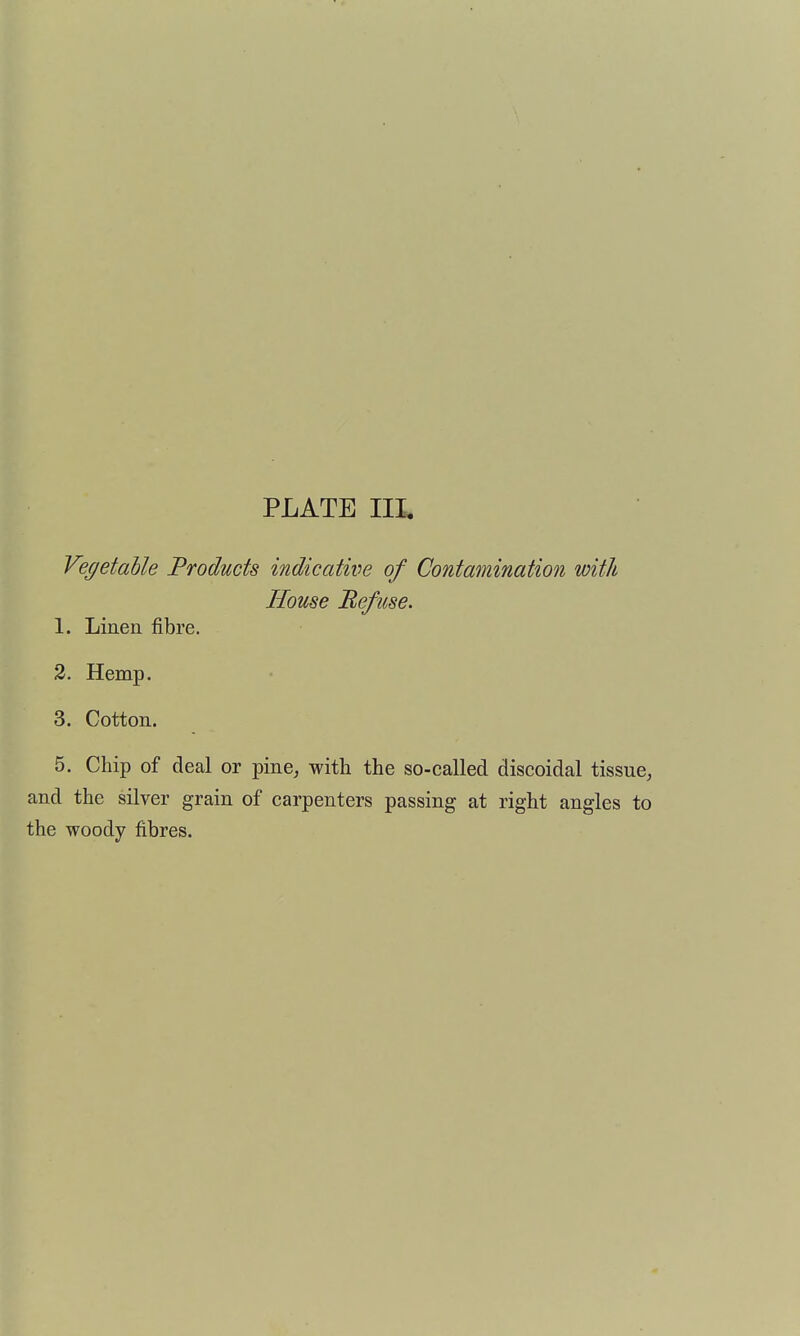 PLATE III, Vegetable Products indicative of Contamination with House Befiise. 1. Linen fibre. 3. Hemp. 3. Cotton. 5. Chip of deal or pine, with the so-called discoidal tissue, and the silver grain of carpenters passing at right angles to the woody fibres.